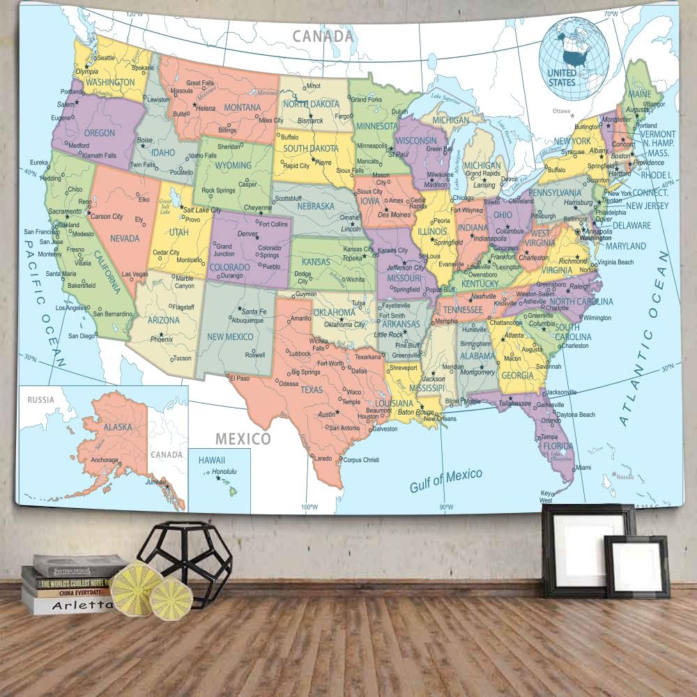 TOMOZ United State Map Tapestry, US Maps Tapestries for Kids Student, Educational Tapestry Wall Hanging for Classroom Bedroom Living Room Dorm Decor 90 x 60Inch
