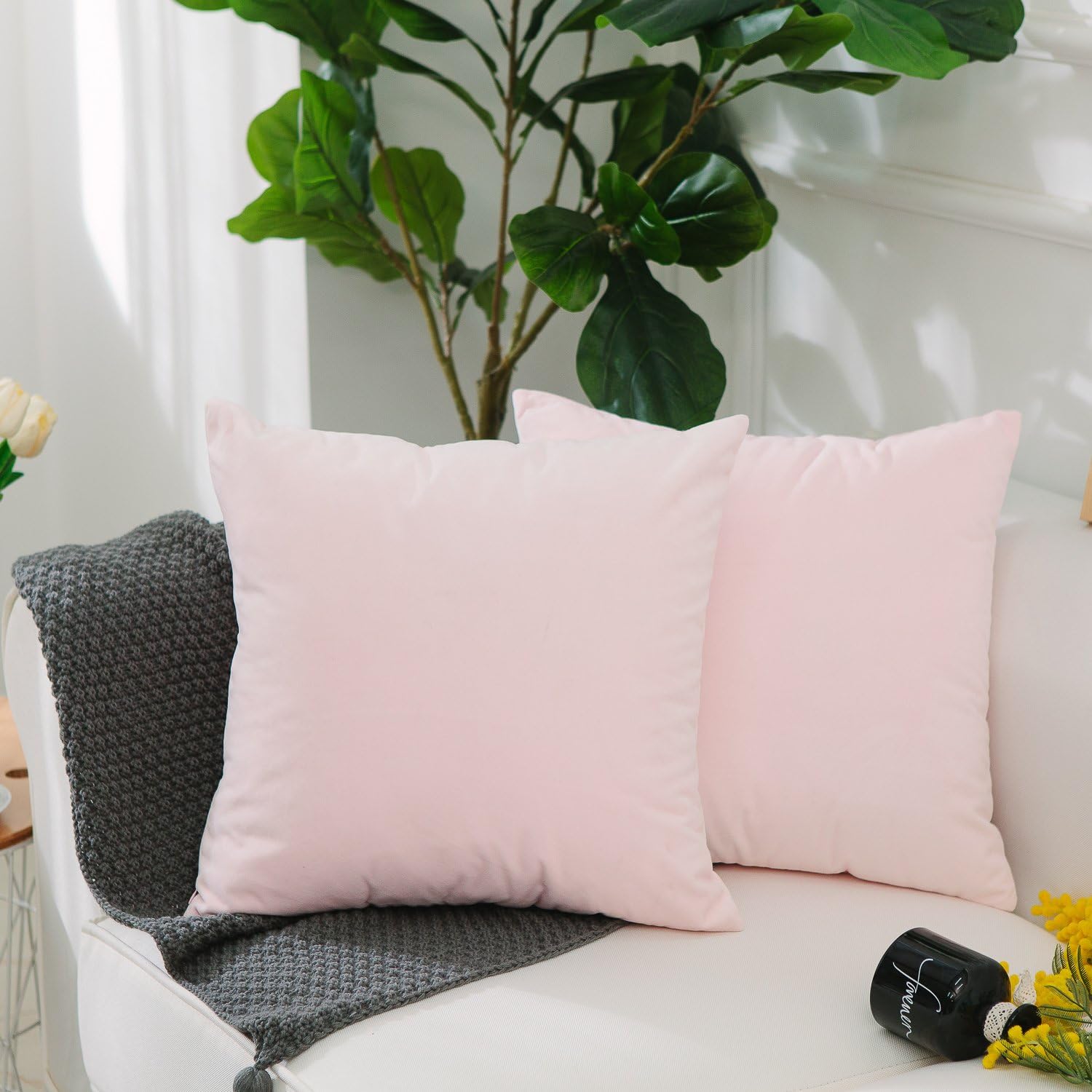 Home Brilliant 2 Pack Velvet Decorative Square Throw Pillow Cases Cover Cushion Covers for Sofa Couch, Ultra Soft, 18 x 18(45x45cm), Pastel Pink
