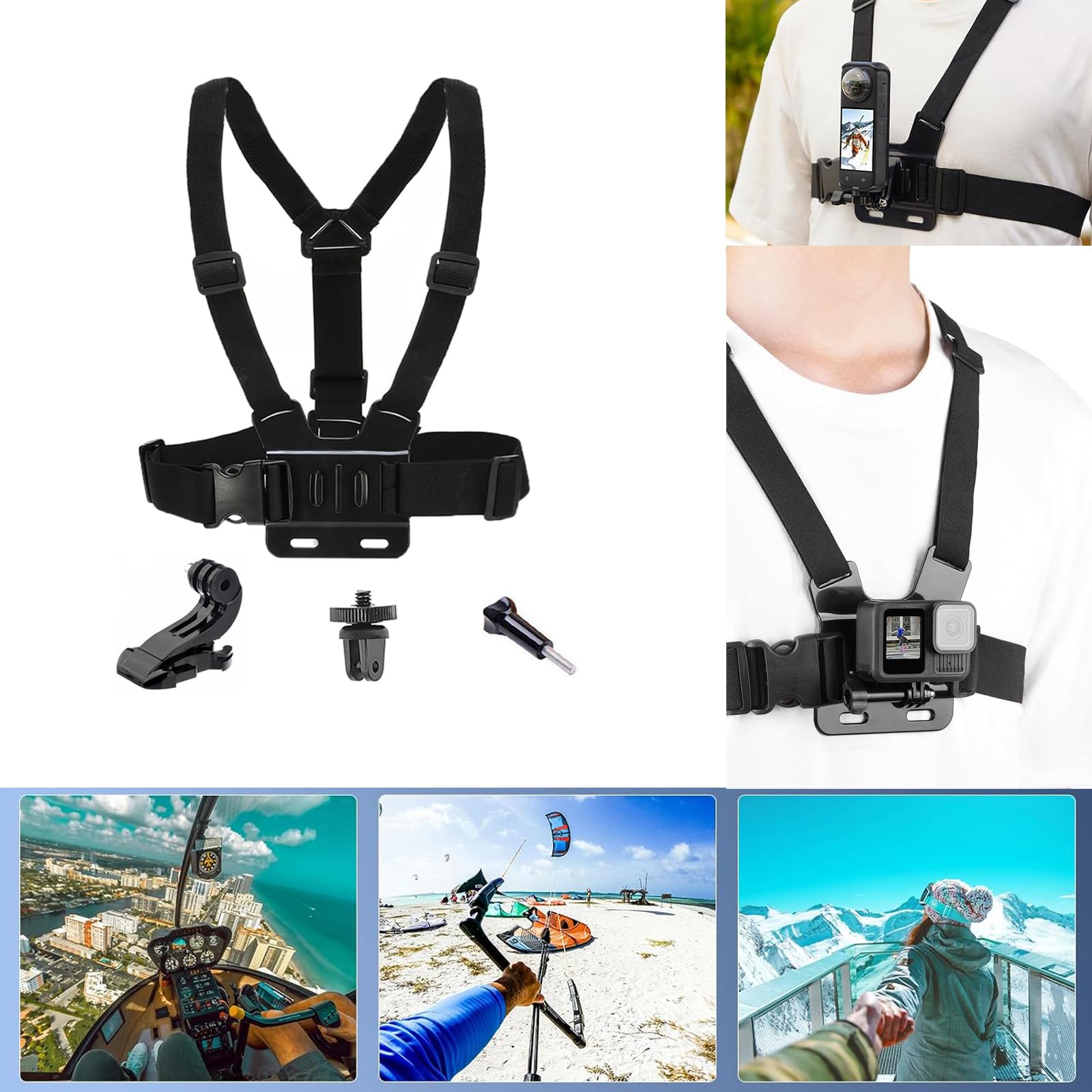Adjustable Chest Mount Harness for Insta 360 X5 X4 X3 X2 X ACE Pro ONE RS R GO 2 3, Chest Strap Body Mount for Gopro Hero Series and Fusion Max, DJI OSMO Action, AKASO and Most Action Cameras 4