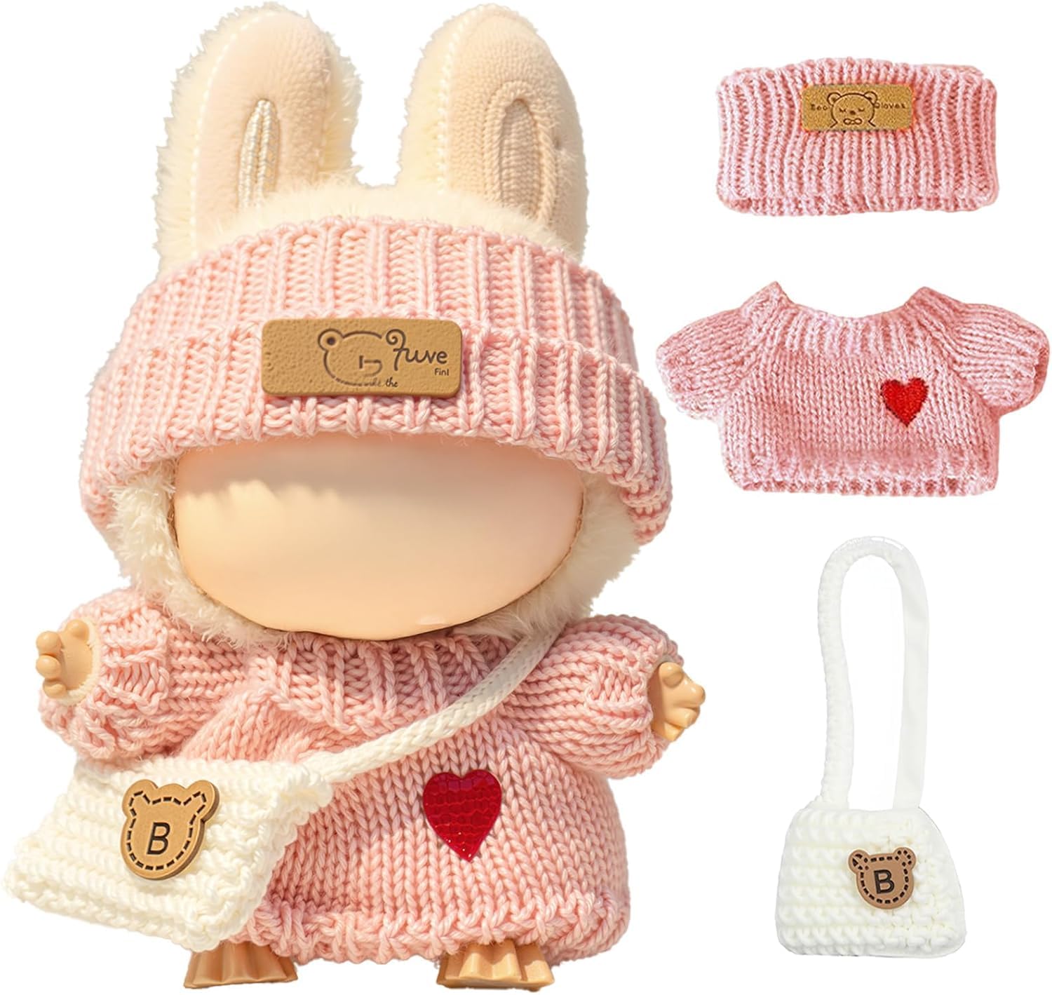 Clothes for Labubu 17cm Doll Handmade Crochet 3-Piece Set (Heart Sweater + Hat + Bag) - Cute Outfits for Dressing Up, Unique Style - Doll Not Included (Style 5)