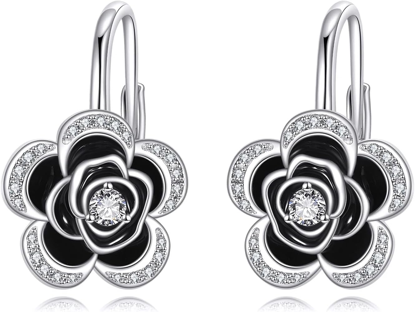 Rose Flower Earrings for Women Sterling Silver Black Rose Hoop Earrings with Cubic Zirconia Elegant Flower Jewelry Gift for Her Christmas Birthday