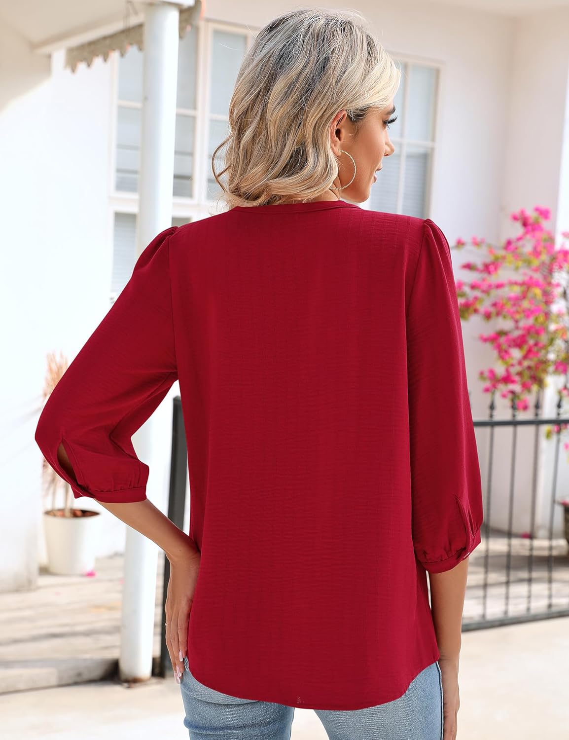 Rapbin Keyhole V Neck Puff 3/4 Length Sleeve Womens Tops Dressy Casual Chiffon Work Blouses Pleated T-Shirts Loose Fit S-XXL - Image 6