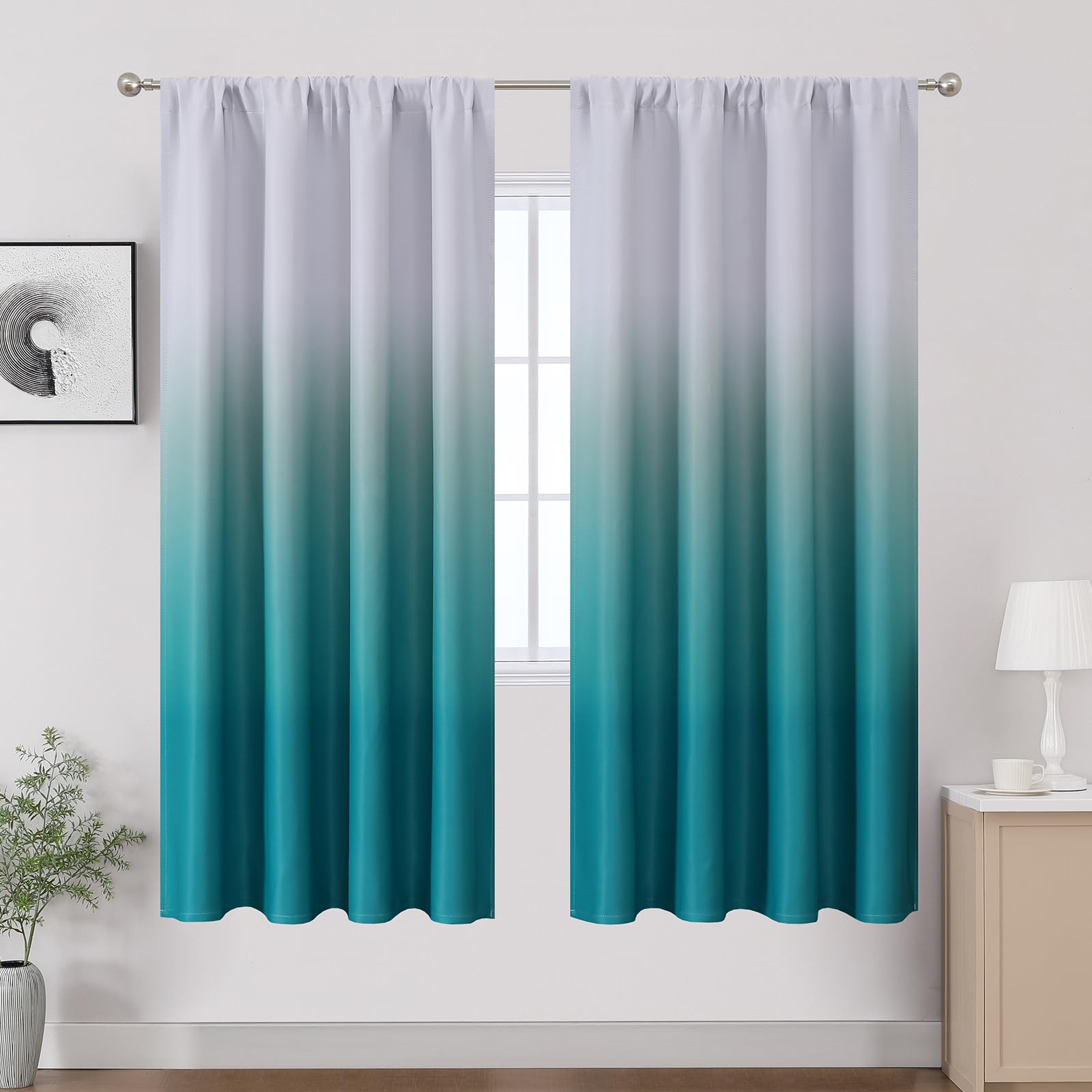 Ombre Teal e bianco arricciato, 183 cm, tenda termica per soggiorno, gradiente, set da 2 tende per camera da letto, altezza 183 x larghezza 132 cm