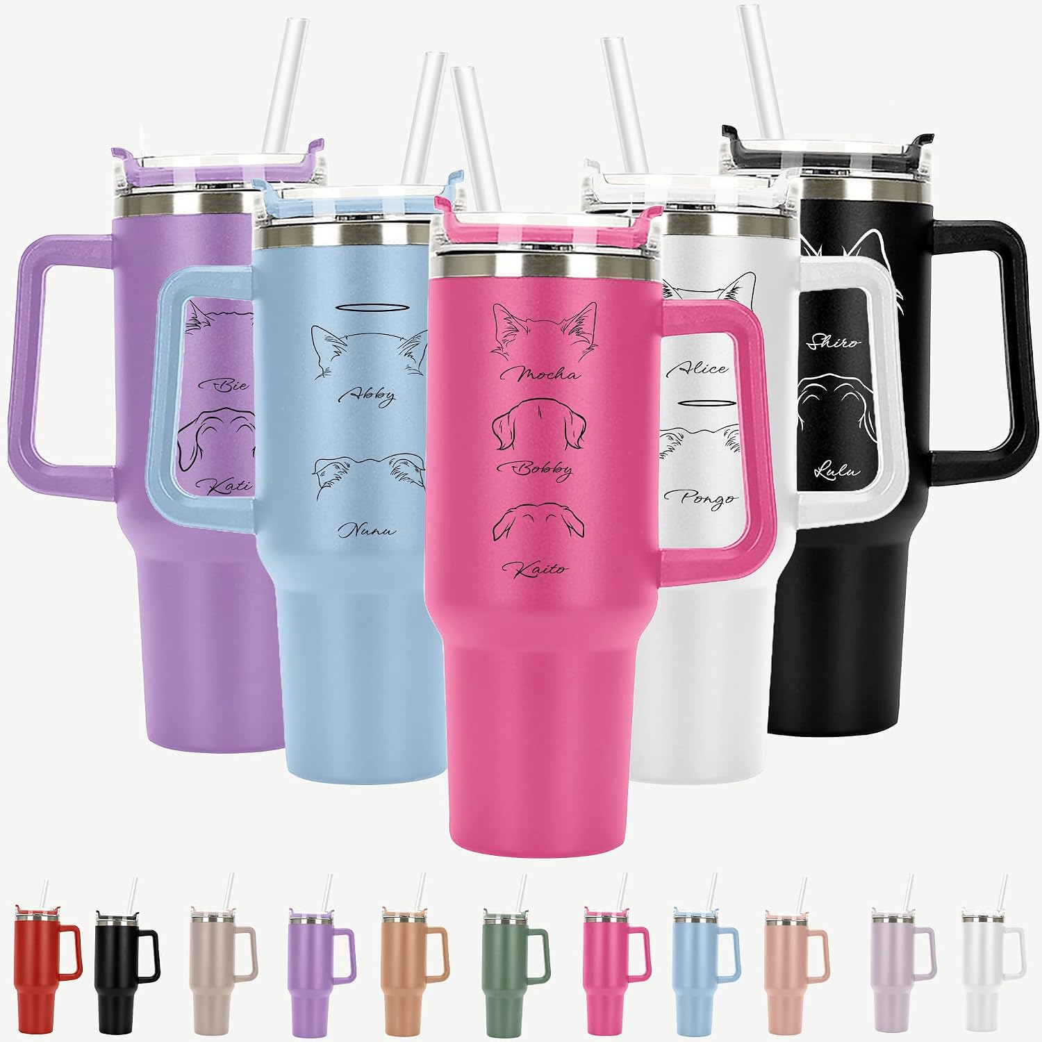 Custom Dog and Cat Ears Personalized Tumbler 40 oz Laser Engraved, Insulated Cup with Handle, Lid and Straw, Custom Dog Ears and Name,Gift For Cat Mom, Dog Mom Mug Loss Of Cat Passed,Valentine Gift