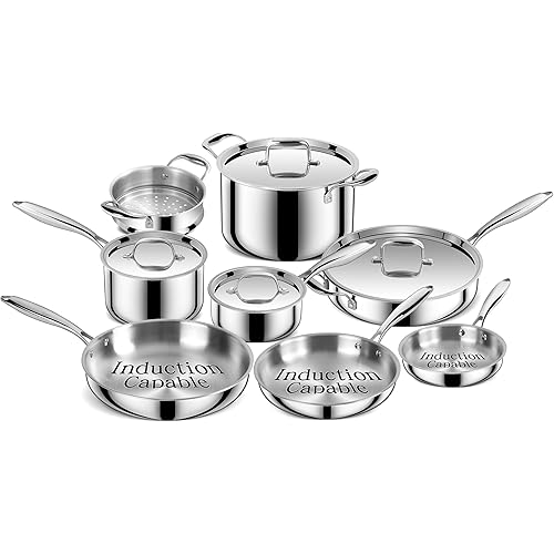 Triple Ply Stainless Steel Pots and Pans Set, EWFEN 12 Piece Induction Cookware Set, Oven Dishwasher Safe | Frying Pans, Saucepans, Saute Pan & Stock Pot, PFOA Free Kitchen Skillet