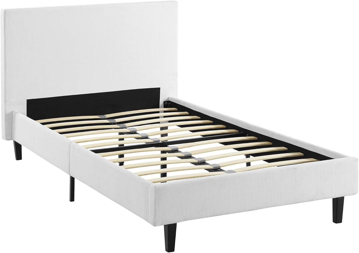 Ergode Anya Platform Bed | Avant-Garde Design | Upholstered Headboard | Solid Wood Legs | Slatted Support System | Twin Size | White