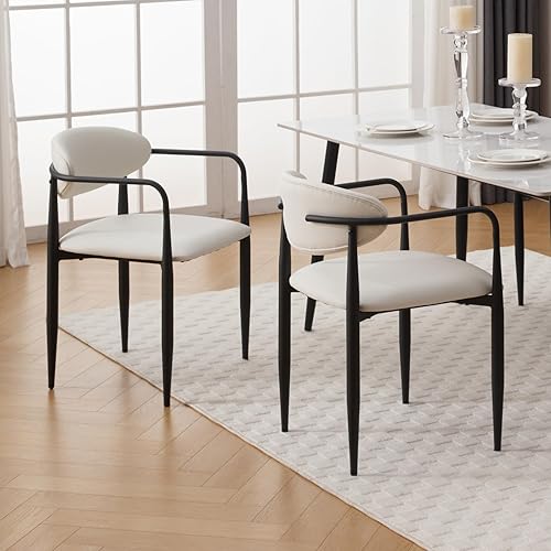 Miniatura 5 de CIMOTA Juego de 2 sillas de comedor modernas de cuero blanco, sillas de comedor con brazo y patas de metal negro, sillas laterales de cocina, silla