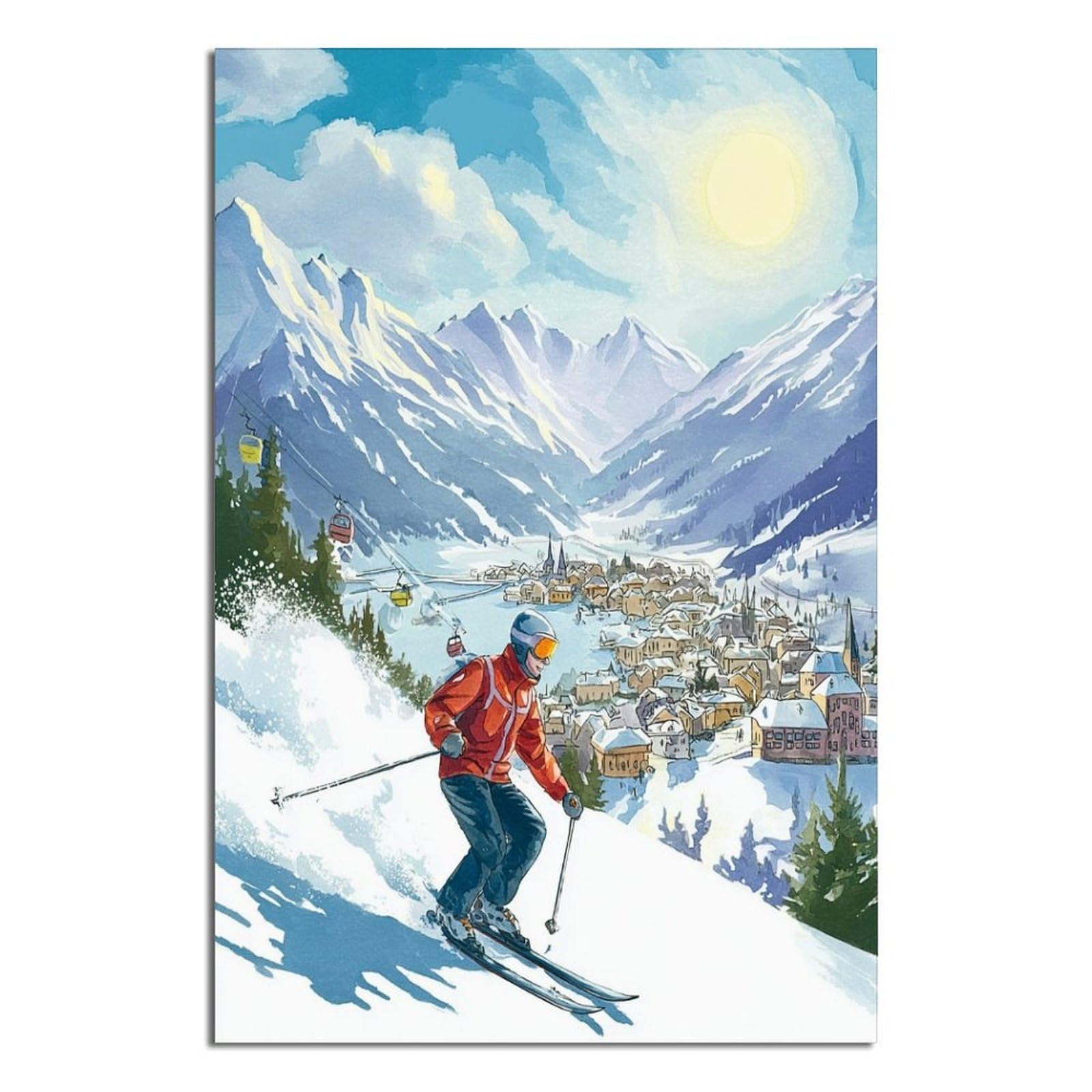 iPuzou St Moritz Switzerland Ski Poster 20x30inch(50x75cm) Vintage Watercolor Canvas Art
