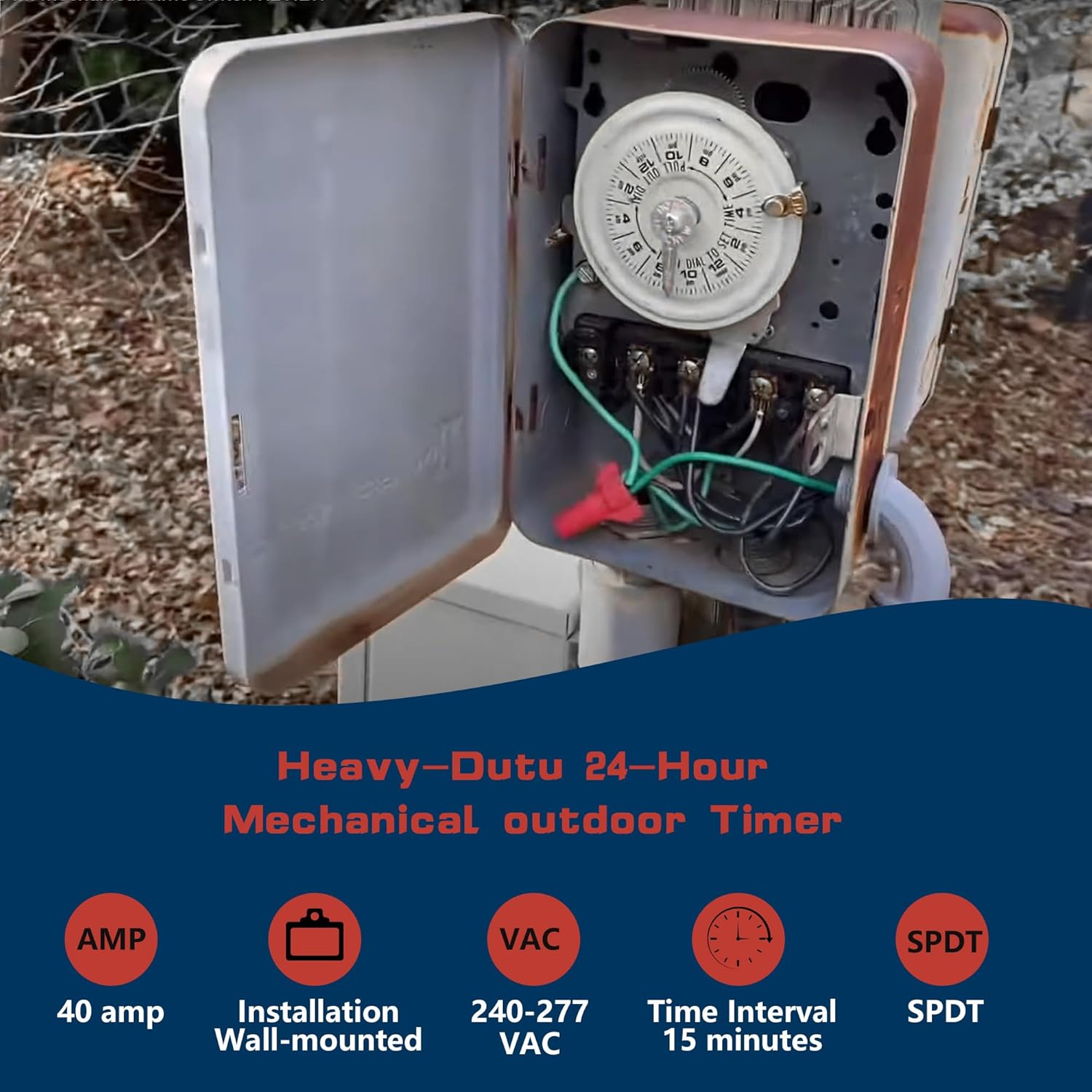 T104M Mechanical Time Switch,208-277 VAC 5HP 40A DPST Timer Switch,Versatile Scheduling,1-12 Cycles Per Day - Manual Override,Mechanism Only