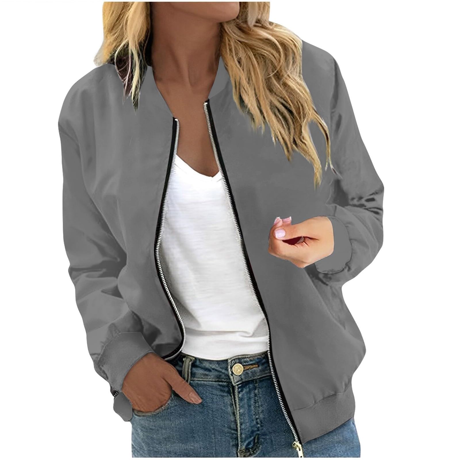 Generico Bomber Donna, Senza Cappuccio Cerniera Giacca Primaverile Leggera, Giubbotto Corta Mezza Stagione, Giubbotti a Maniche Lunghe Elegante per il Tempo Libero