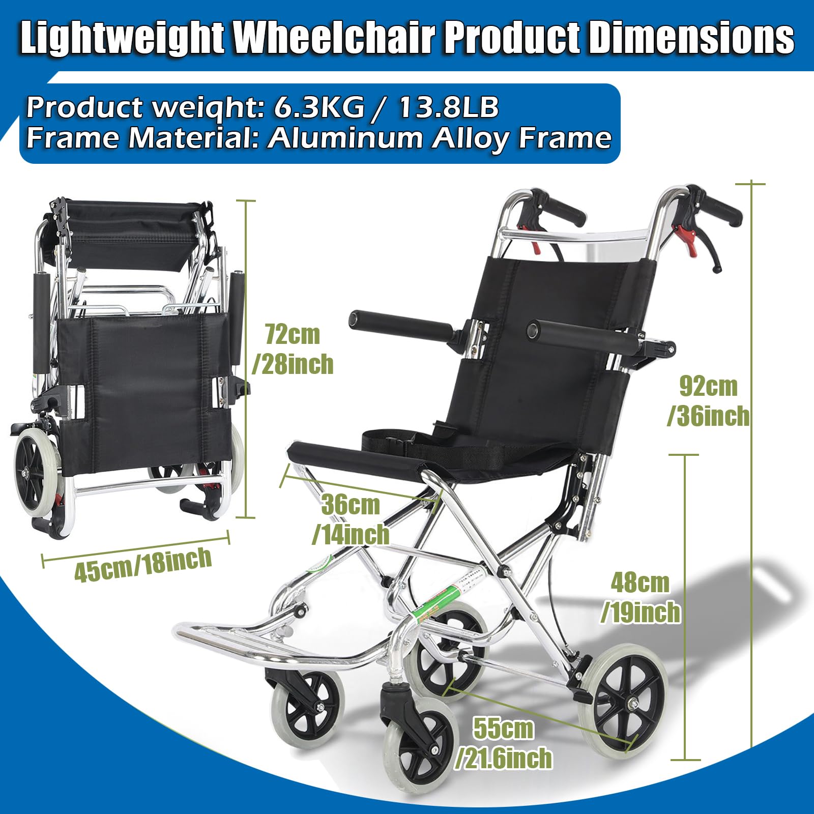 Sillas de Ruedas de Aluminio Duradero y Ligero con Reposabrazos Reversibles a Largo de Escritorio, Asiento Ancho y Cómodo, Capacidad de Peso de 220 LB,Basic Model