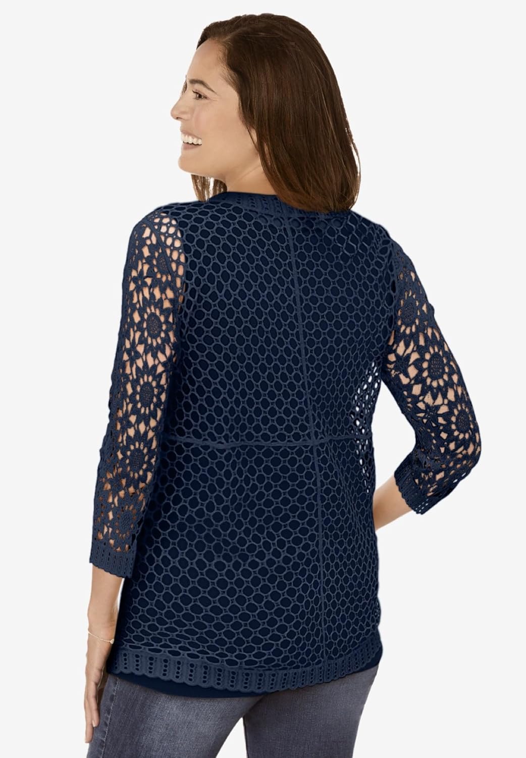 Woman Within Plus Size Crochet Curved-Hem Cardigan Sweater