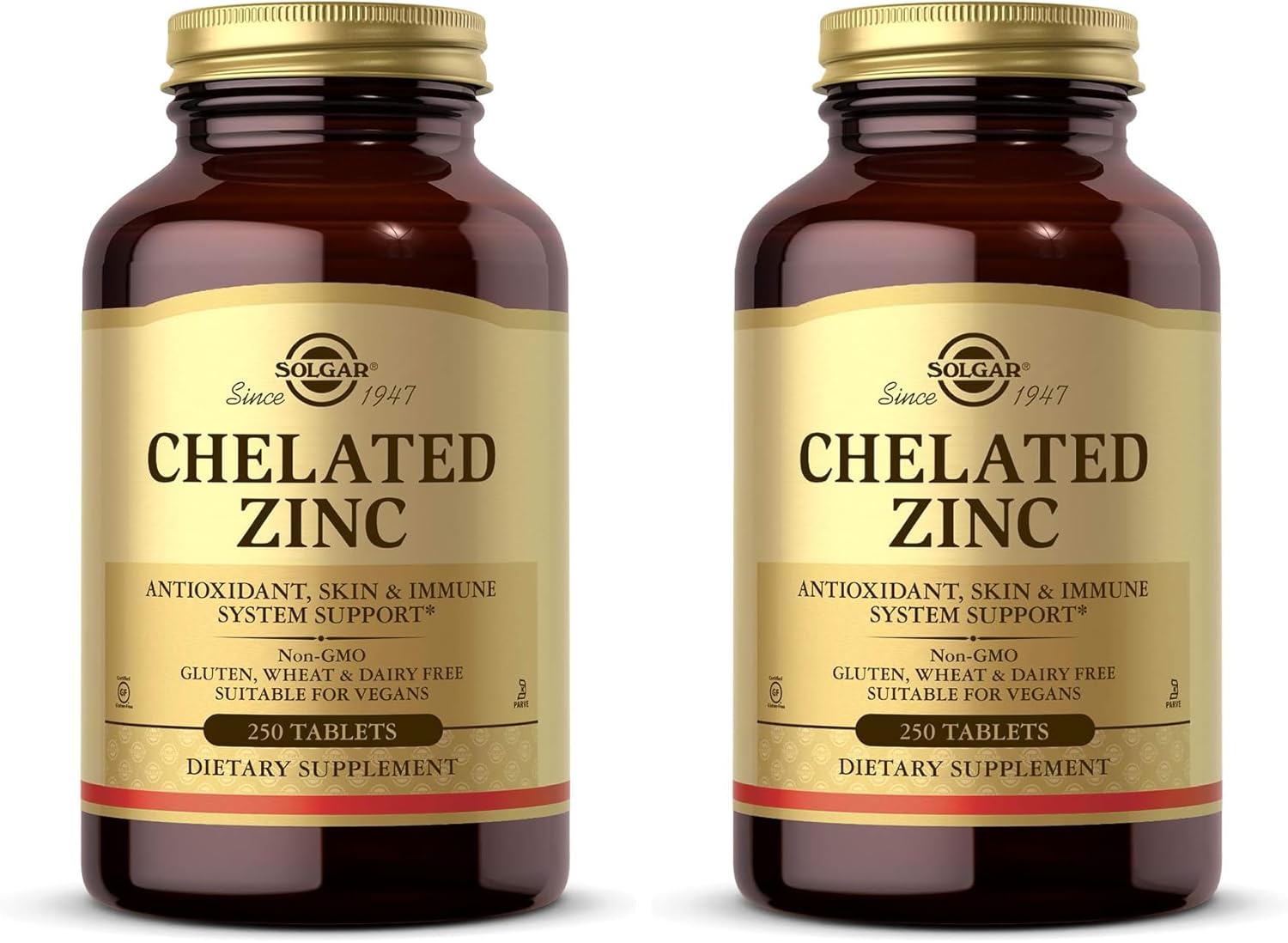 Solgar Chelated Zinc,250 Tablets-Zinc for Healthy Skin-Supports Cell Growth&DNA Formation-Exerts Antioxidant Activity-Supports A Healthy Immune System-Non GMO,Vegan-250 Servings,(Pack of 2)