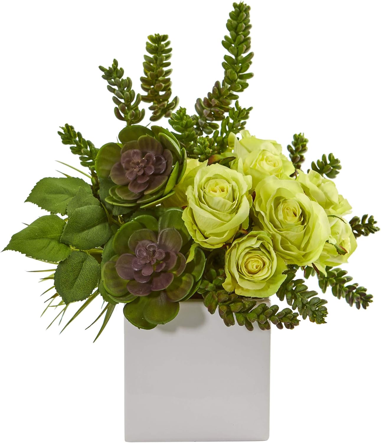 Nearly Natural 14-in. Rose & Succulent Artificial White Vase Silk Arrangements Green