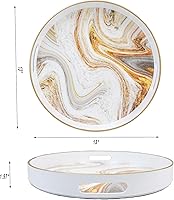 Vista 4 de Bandeja decorativa redonda de mármol blanco con asas, bandeja de servir moderna de plástico de 13" para mesa de café, baño, otomano, decoración
