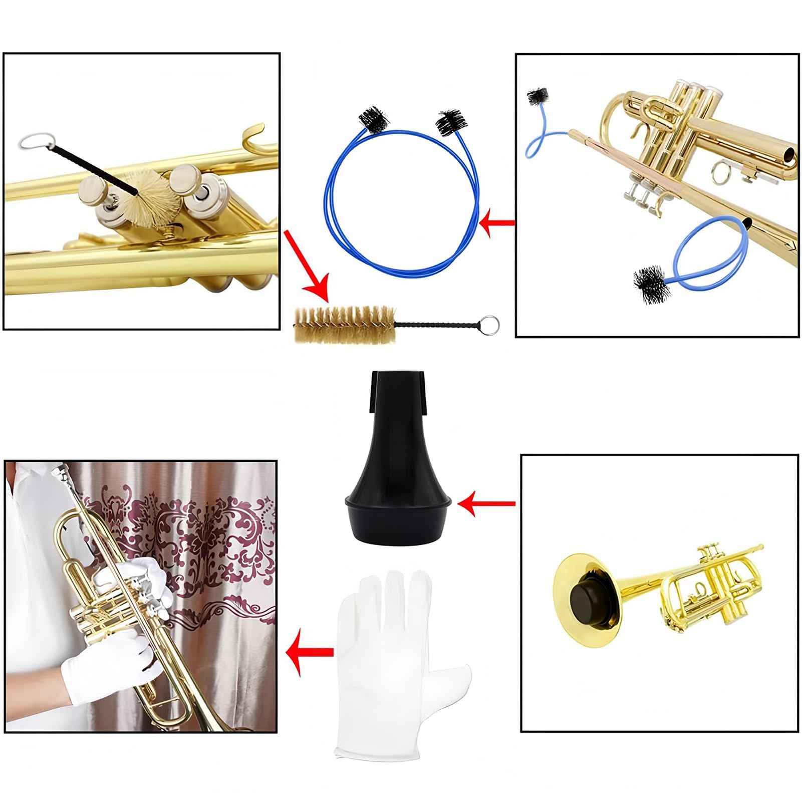 Kit de mantenimiento de trompeta, herramientas de limpieza de 7 piezas para músicos, juego esencial de cuidado de trompeta para profesionales, estudiantes y entusiastas