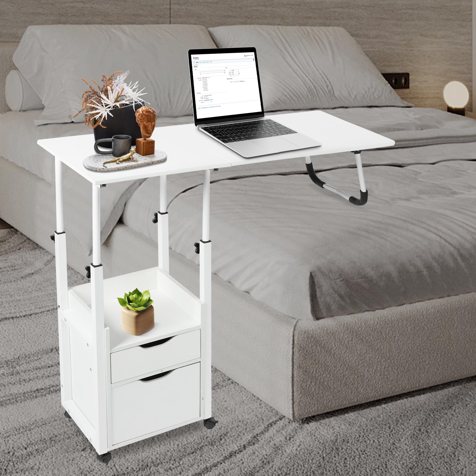Betttisch mit Rollen und Bremse, Mit Schließfächern und Schubladen, Laptoptisch und klappbar, Beistelltisch für Bett und Sofa, 70-88cm Höhenverstellbar, Gesamtbelastbarkeit 20kg (Weiß)