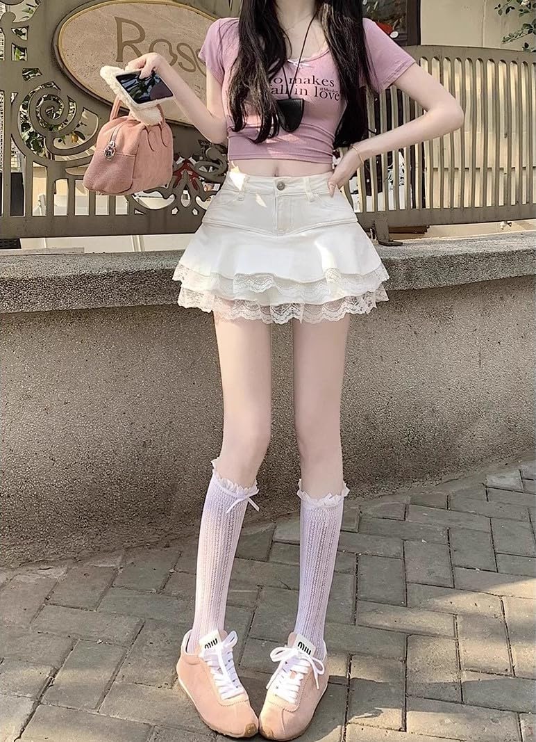 Y2K High Waist Denim Lace Mini Skirt for Women – Harajuku A-Line Ruffle Skater Skirt Kawaii Fairycore Style - Image 4