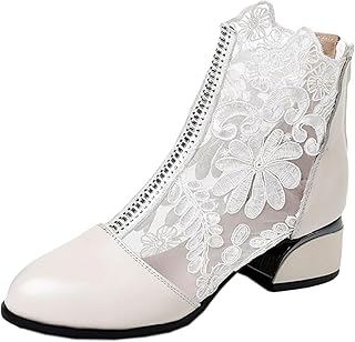 [DOZOGU] ブーツサンダル サマーブーツ レース ラウンドトゥ 太ヒール サンダル レディース ストーム ブーティー ショートブーツ バックジッパー 透かし 長脚 ブーツ ハイヒール 安定 夏 5センチ ブーサン チャンキーヒール