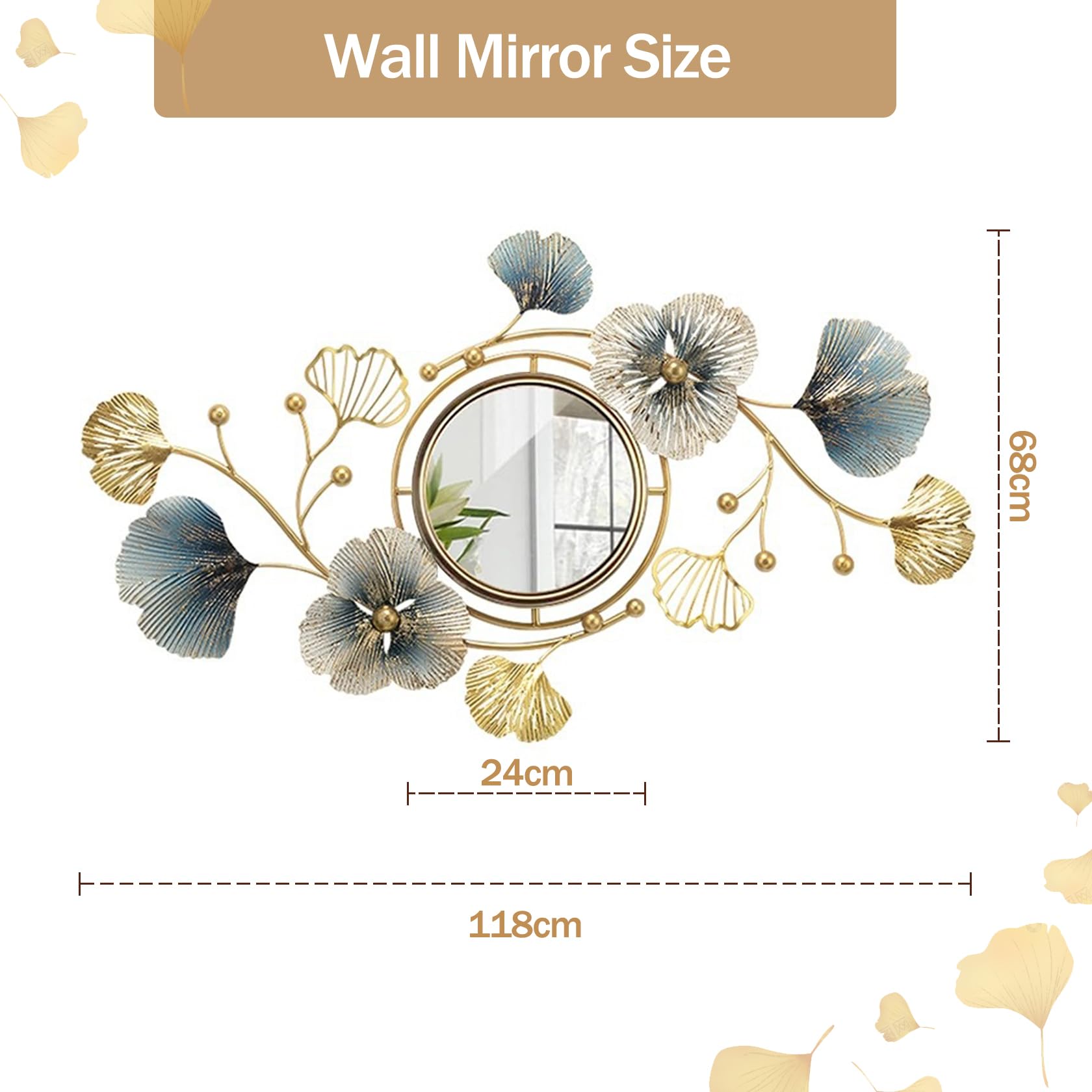 Miroir Mural pour Salle de Bain,Miroir Mural doré pour décoration de Salon,31,5 x 18 Pouces,Moderne et créatif,Design de Feuille de Ginkgo en métal Creux 3D HD,Grand Miroir Mural Suspendu ve