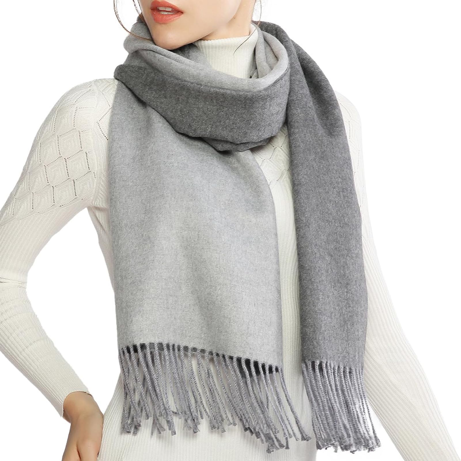 Riiqiichy Women's Light Grey And Dark Grey Warm Winter Scarf Reversible Pashmina Shawl Wraps Cashmere Feel Grey