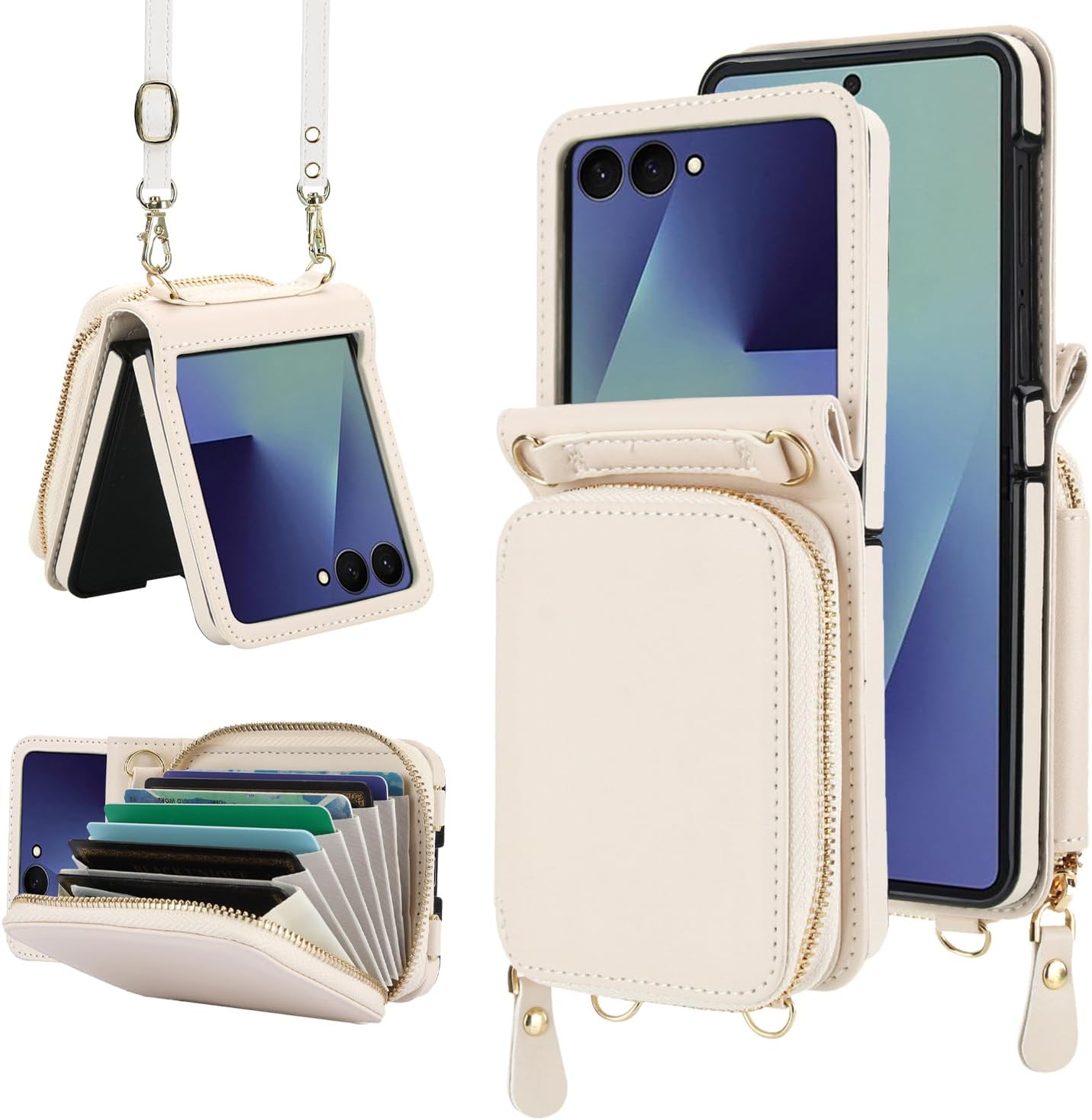 Asuwish Phone Case for Samsung Galaxy Z Flip 7 5G Wallet Cover with Credit Card Holder Zipper Slot Crossbody Strap Lanyard RFID Blocking Purse Cell ZFlip 7Z Z7 G Flip7 ZFlip7 Women Men Girls Off White