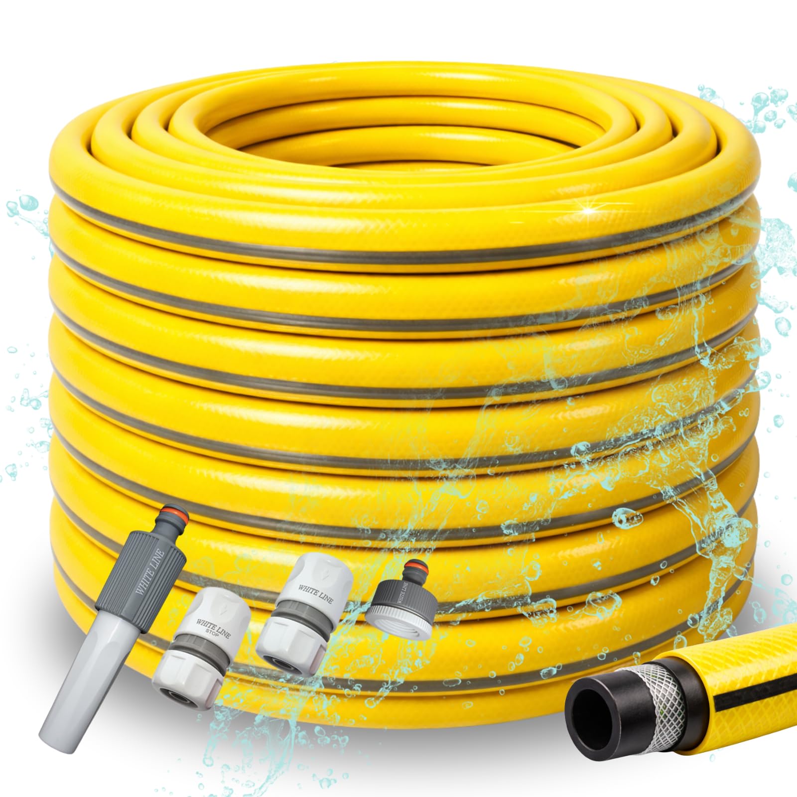 Gartenschlauch Wasserschlauch schlauch Gelb 1/2 Zoll 3/4 Zoll 1 Zoll mit Anschlusssatz – 20m 30m 50m – 4-lagig (3/4 Zoll 100 Meter mit Anschlusssatz)