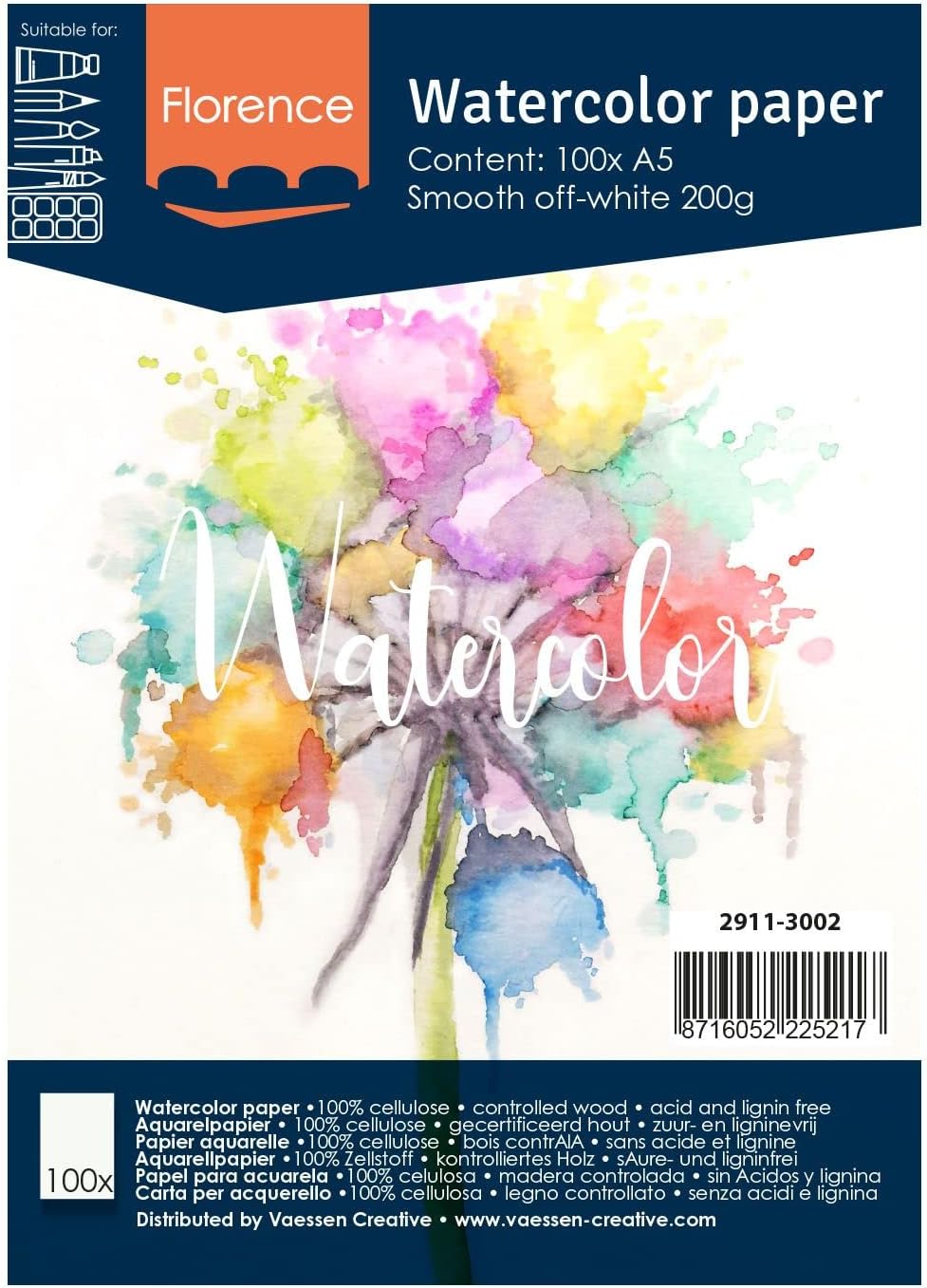 Vaessen Creative Florence Hot Pressed Watercolour Paper A5, Ivory, 200 GSM, Artist Grade Quality, Smooth Surface, 100 Sheets for Painting, Hand Lettering, Art Projects