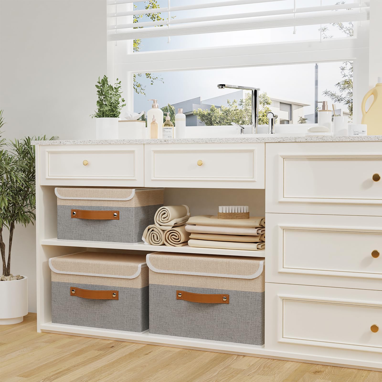 OUTBROS 3 Set Scatole Portaoggetti, 45x30x30cm Cesto, Grigio/Beige | Scatole per Armadio in Tessuto con Coperchio Antipolvere, Contenitori Salvaspazio Pieghevoli per Vestiti Camera da Letto