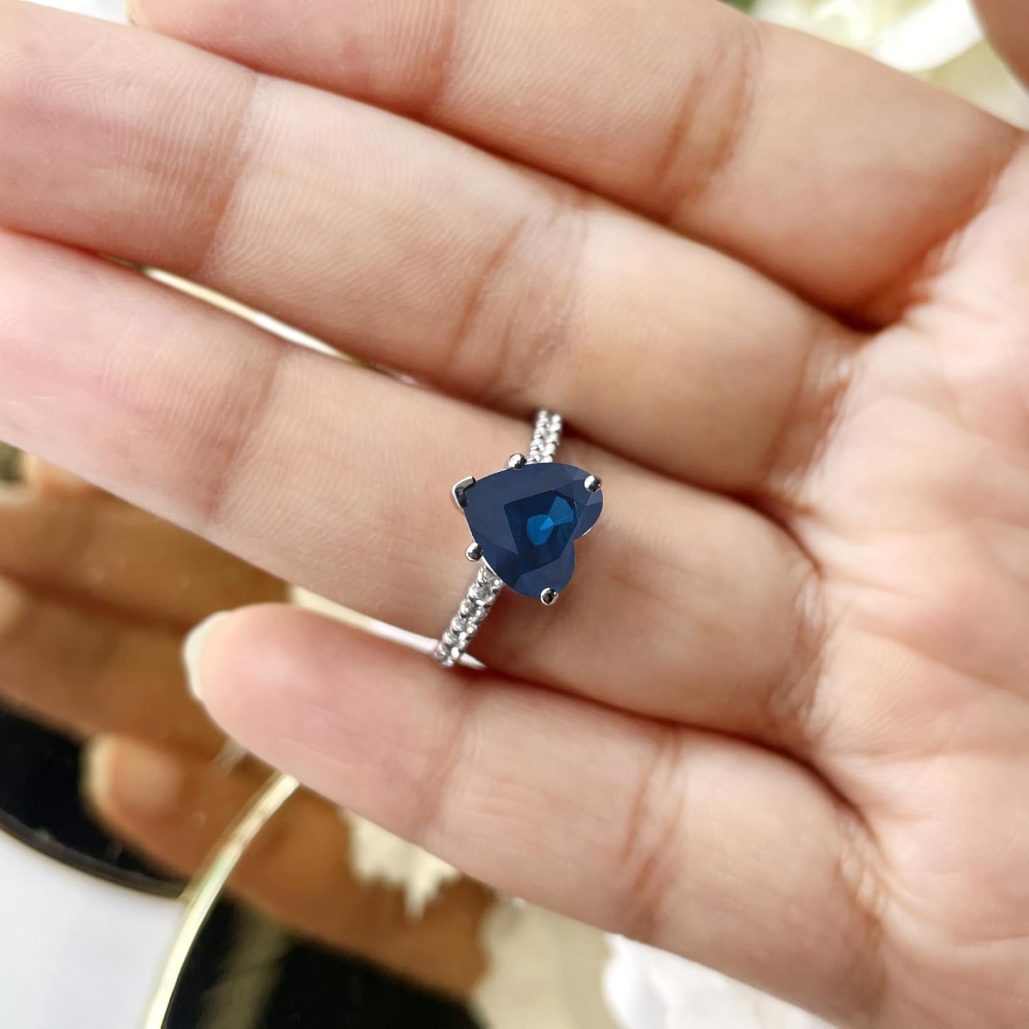 1 Carat Heart Cut Blue Sapphire & Diamond Twisted Solitaire With Accent Engagement Ring For Women, 14K Gold Plated 925 Silver September Birthstone Swirl Bypass Bridal Side Stone Ring