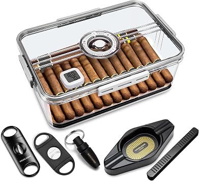 Cigar Humidor, Humidifier and Hygrometer Large Storage About 60 Cigars Humidor with 2 Cigar Cutters,Cigar Punch, Cigar AshtrayColorClear
