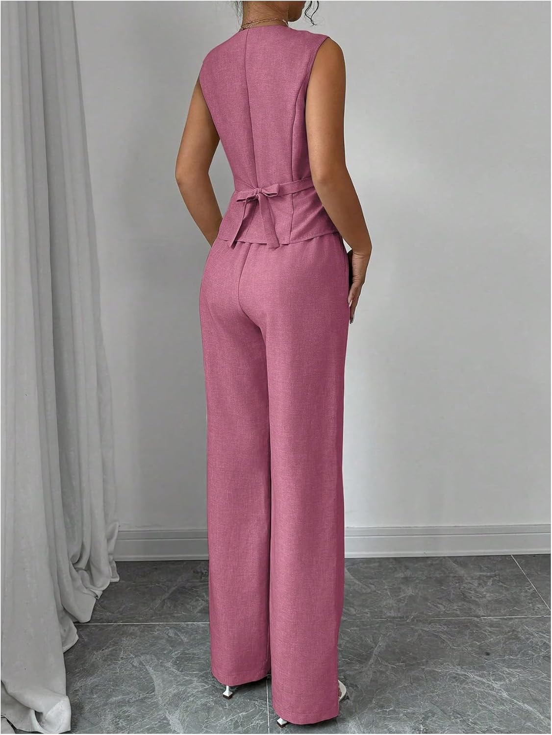 SOLY HUX Women's 2 Piece Outfits V Neck Button Down Vest Tops and High Waisted Pants Set Office Work Suit - Image 2