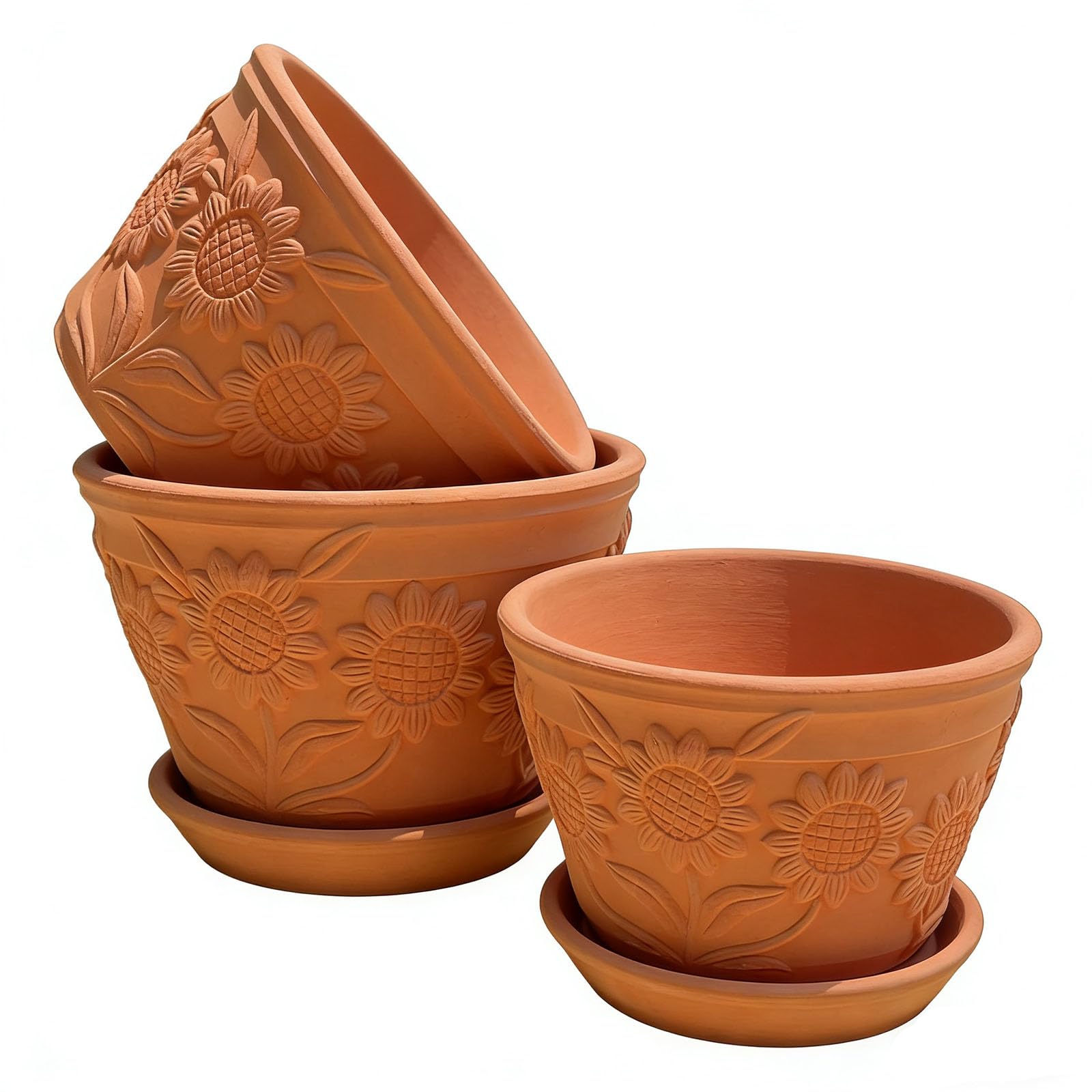 3 Pack Terracotta Plant Pots with Saucers, Boho Embossed Clay Flower Pots with Drainage, Lightweight Breathable Shallow Planters for Succulents, Herbs & Indoor Outdoor Plants, Sunflower Design