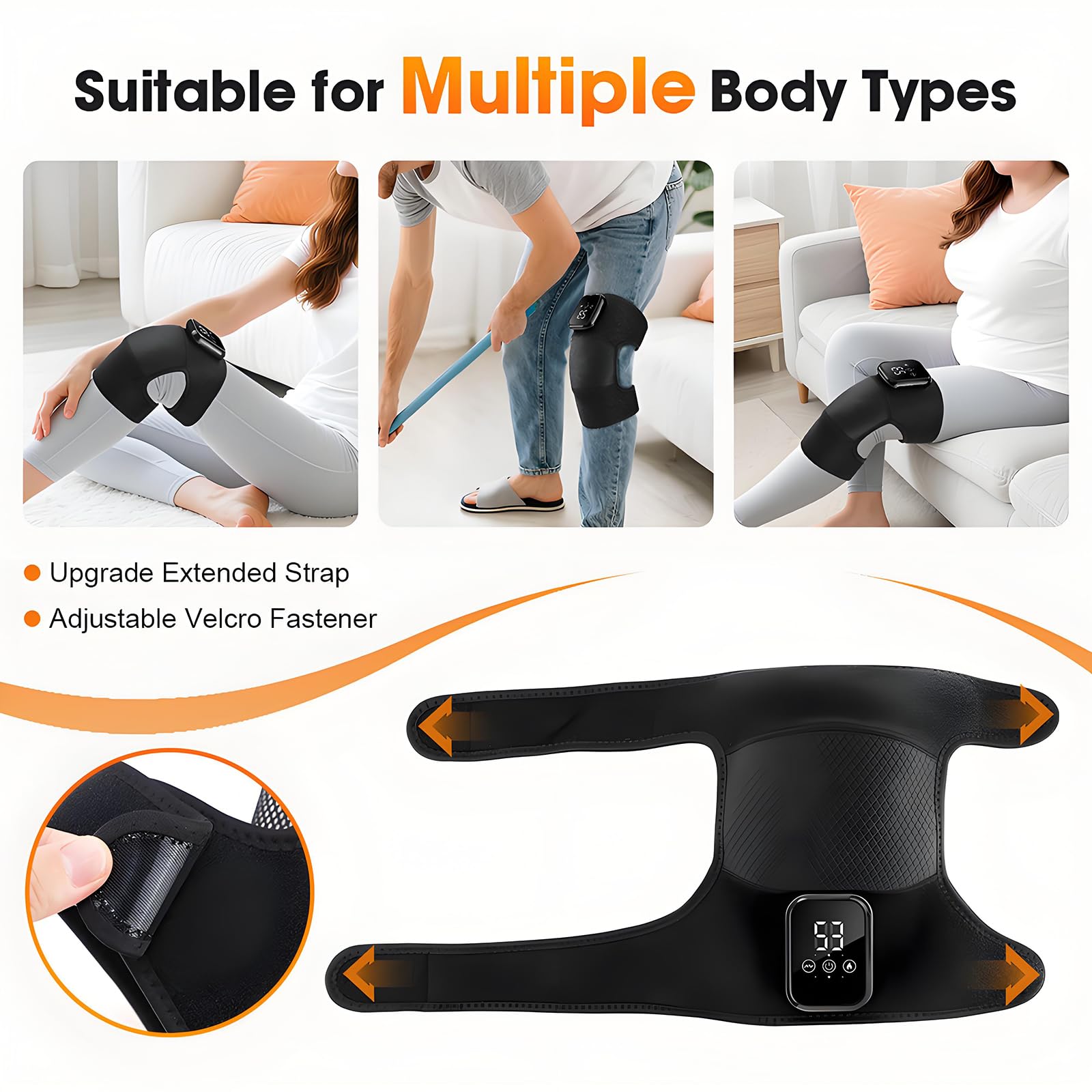 Kabellose Beheizte Kniebandage, 3 einstellbare Heiz- & Vibrationsmodi, 2000mAh Knie Massagegerät mit LED-Bildschirm & Touch-Tasten, 15 Minuten Zeit (Heated Knee Support)