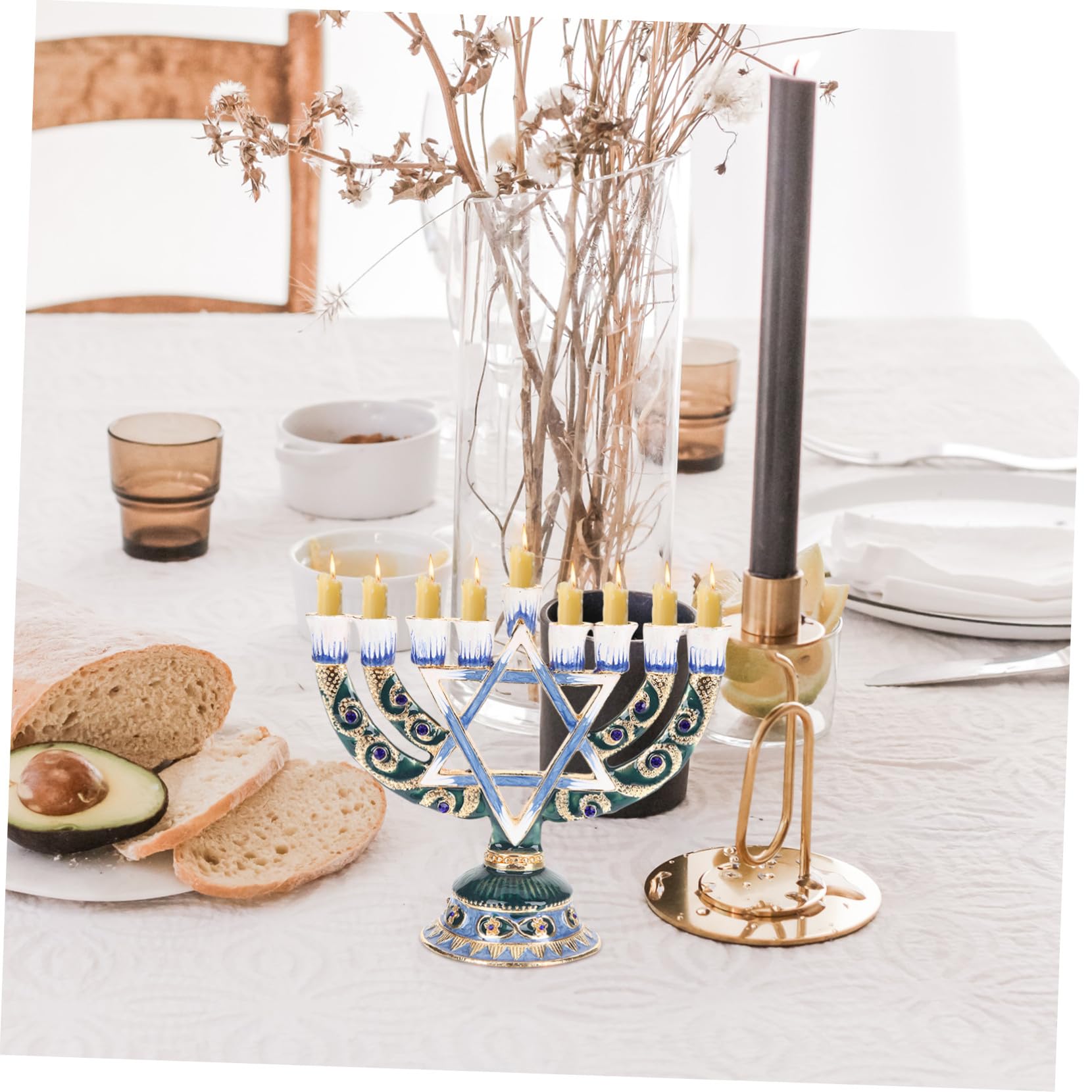 INOOMP Candelabro Ebraico a 9 Rami Portacandele Decorativo per Tavola e Arredamento, Design Retrò per Hanukkah