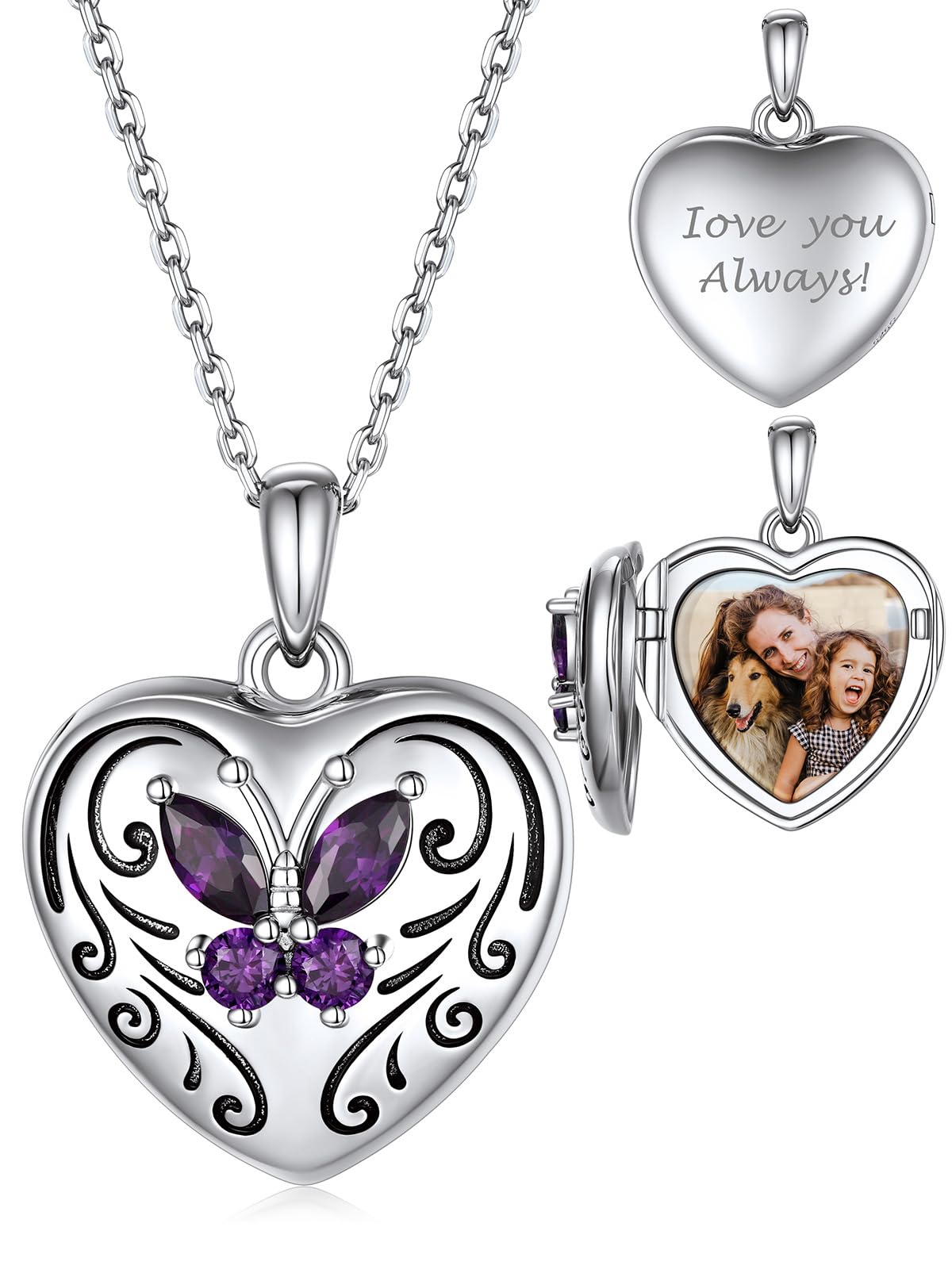 Custom4U Collier Argent Sterling Personnalisé Photo Femme, Chaîne Réglable 40/45/55+5 cm (16/18/22+2 Pouces), Pendentif Locket Photo Charme Coeur Papillon Pierre