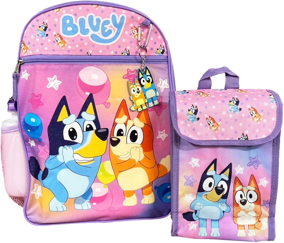 Fast Forward Bluey Backpack Set 5 Piece Bookbag and Snack Tote Matching Accessories for Back to School with Water Bottle