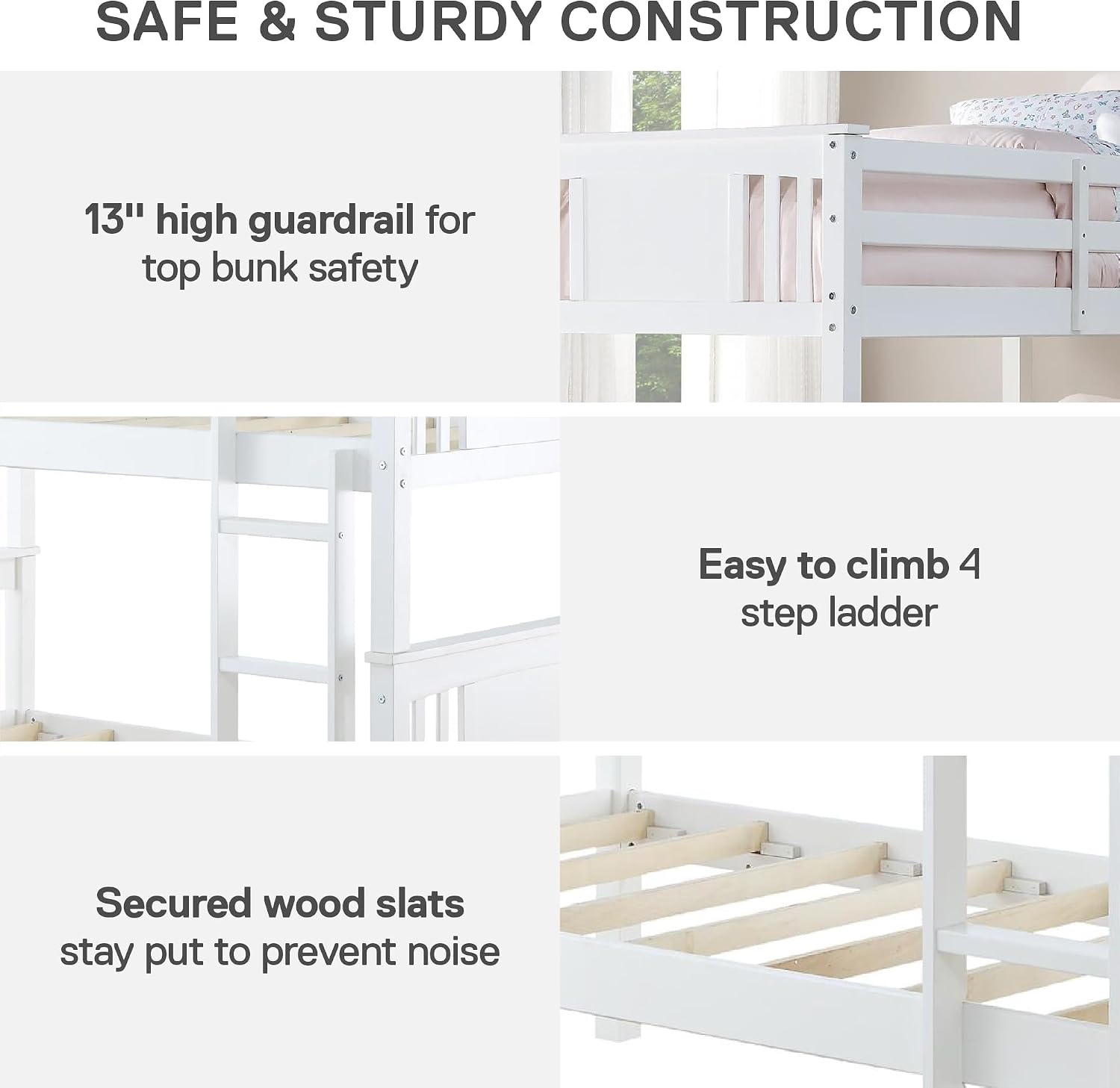 Pemberly Row Twin Bunk Bed, 63.13" H x 79.25" W x 43.88" D, White Wood Frame, Slat and Panel Design, Guard Rails with Ladder, Converts to Two Twin Beds, Space-Saving Kids Bedroom Furniture