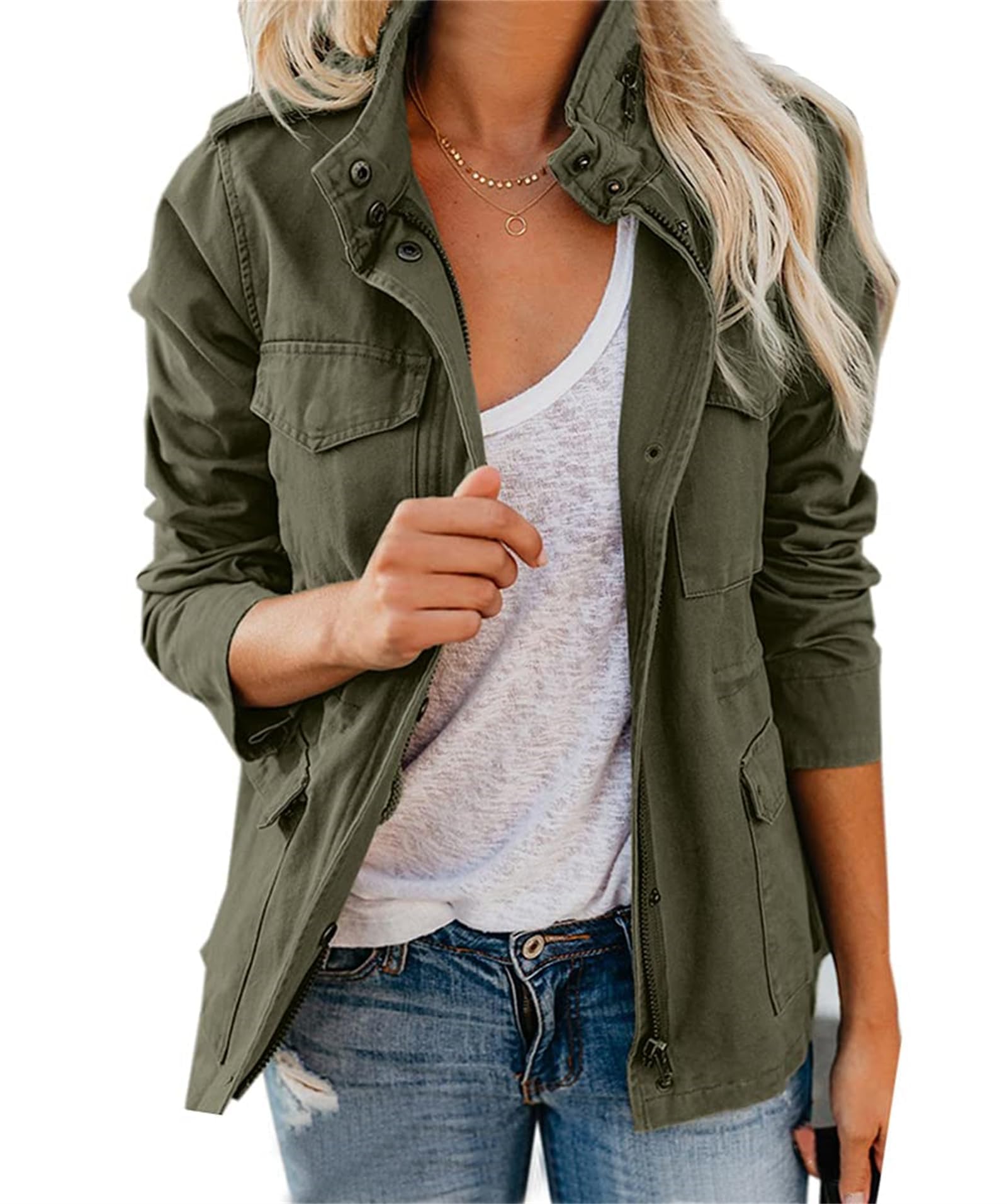 Generisch Anorak Militaire Femme Léger Décontracté Fermeture Éclair Boutons-pression Utility Cargo Manteaux avec Poche Veste en Jean Femme