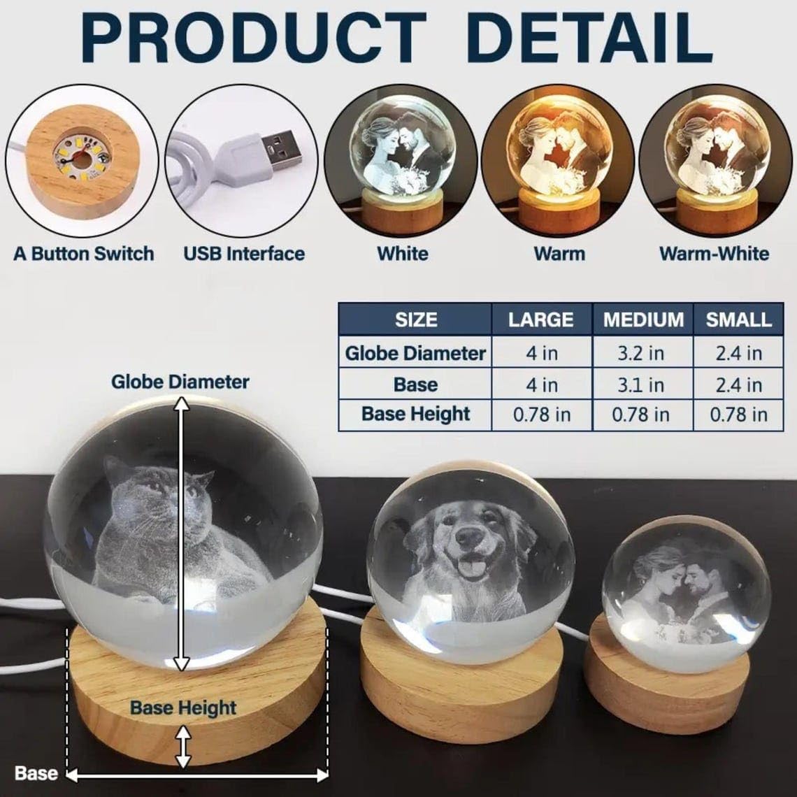 Pofily Personalized Dog Memorial Night Light, Photo Portrait Crystal Ball Night Light, Pet Loss, Pet Memorial Gifts for Dog, Cat