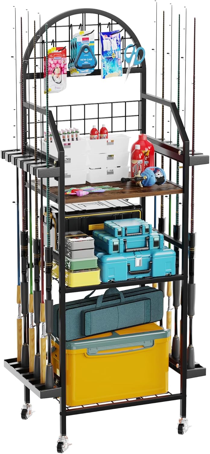 Fomcet Fishing Rod Holder 3 Tier Fishing Pole Holders for Garage Metal Fishing Rod Rack with Wheels Black Fishing Pole Rack up to 12 Rods Tackle Box Reel Storage Equipment Organizer for Basement