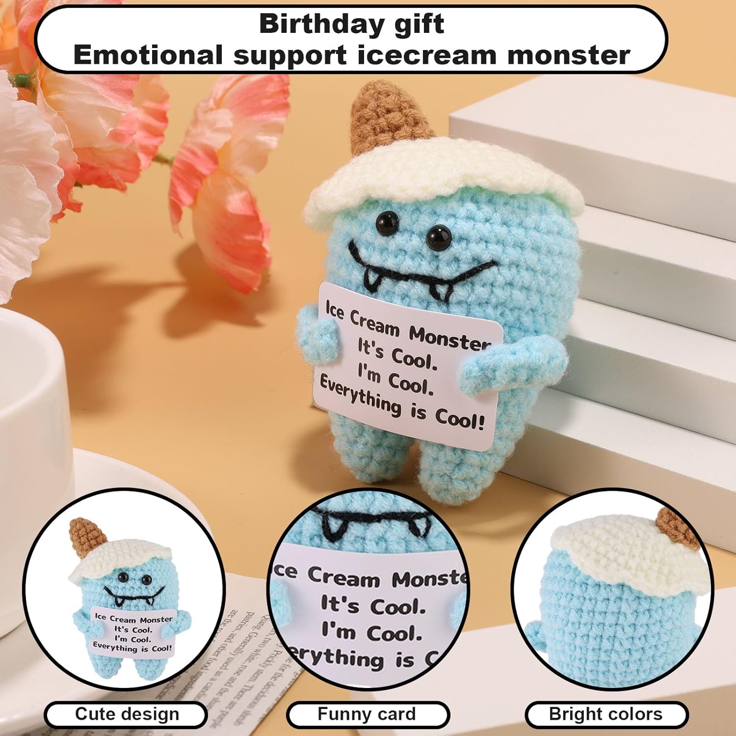 Monster, Cute Handmade Crochet Doll with Encouraging Cards Inspirational Emotional Plush Positive Support Gifts for Men Women - Image 3