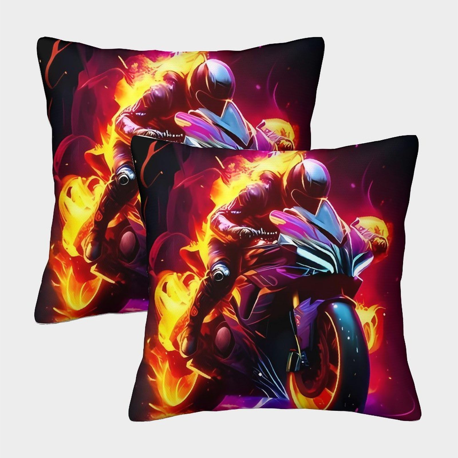 QFVANSIYO 3D Printed Motorcycle Flame Pillowcase Soft Microfiber Bedroom Decor Fire Bike Pillow Cover for Adults Teens Home 45x45cm