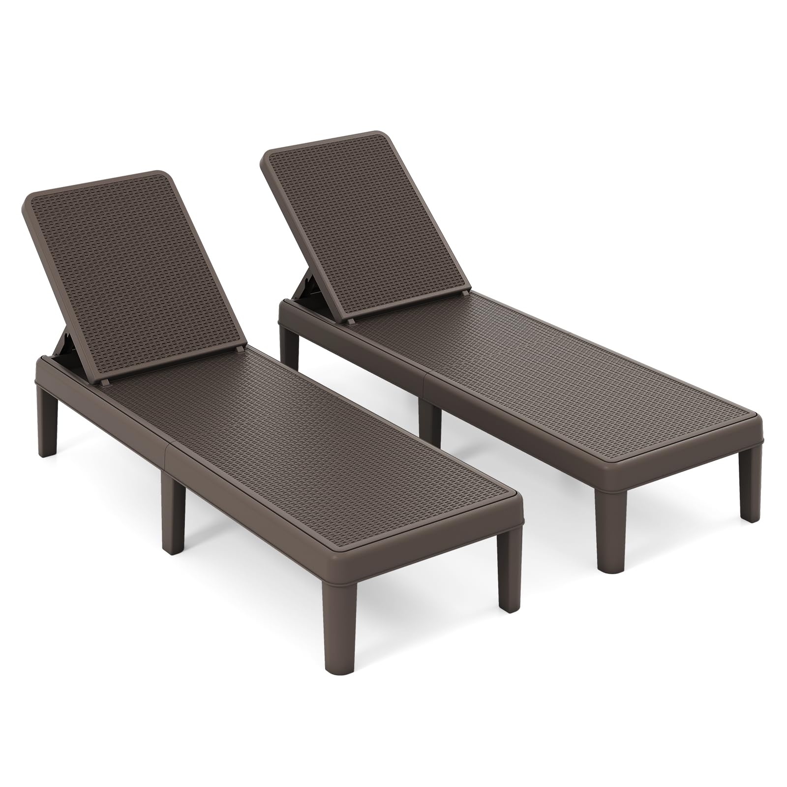 COSTWAY 2pcs Bain de Soleil en PP Effet Rotin, Chaise Longue Jardin Exterieur, Dossier Inclinable à 4 Positions, 6 Pieds, Montage sans Outil, Transat pour Terrasse Balcon Piscine, Charge 150kg(Marron)