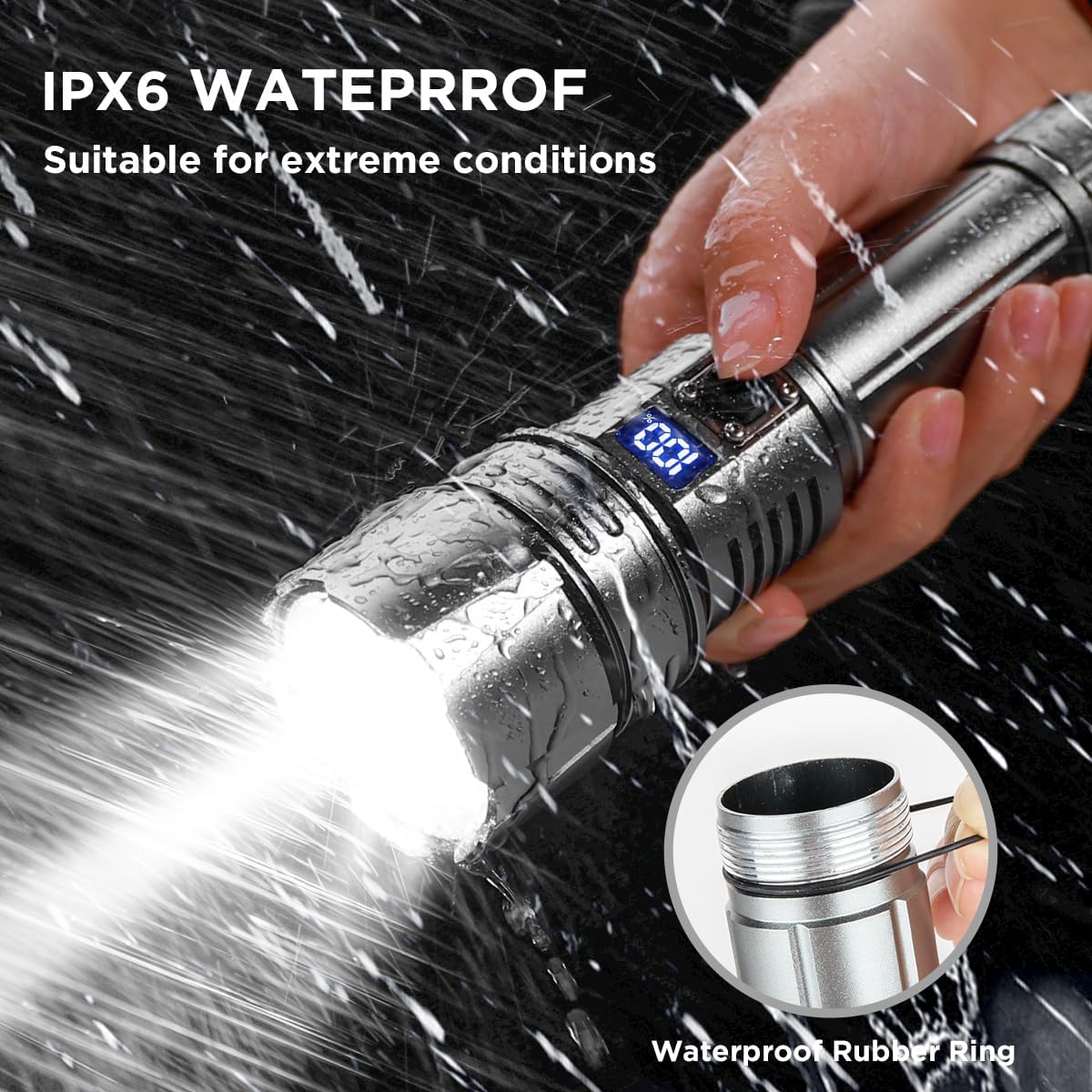 Rechargeable Flashlights High Lumens(Βattery Included), Super Bright 900,000 Lumen LED Flashlight with 5 Modes, Adjustable, Waterproof, Powerful Handheld Flash Light for Camping Hiking