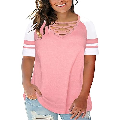 BLENCOT Womens Plus Size Summer Casual Color Block Short Sleeve Crew Neck/V Neck Tee Tops 1X-5X