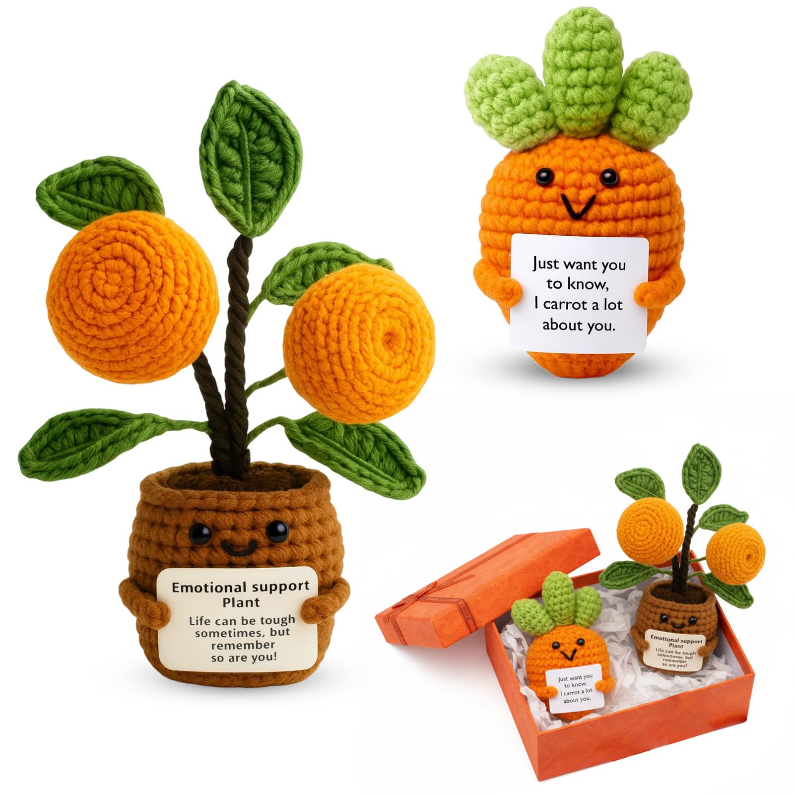 BeoTnp Emotional Support Crochet, Positive Crochet Orange Tree and Carrot Knit, Birthday, Positive Gifts in Box with Energy Cards, Desk Accessories for Women, Friend, Colleagues, Family Members