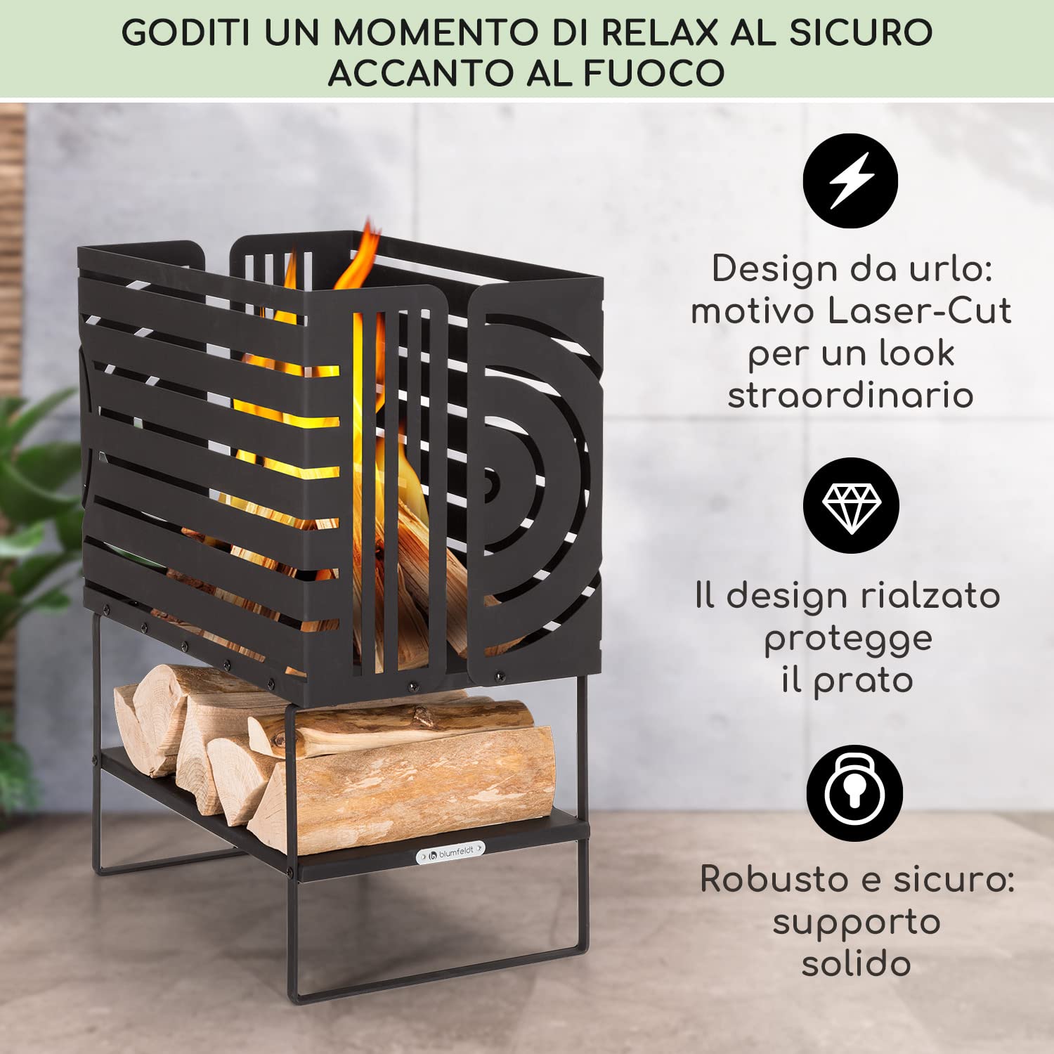 Blumfeldt Braciere da Giardino, Bracere da Esterno Legna Rettangolare, Braciere con Supporto, da Esterno Resistente alle Intemperie in Acciaio, Copertura Barbecue, Per Campeggio e Terrazzo