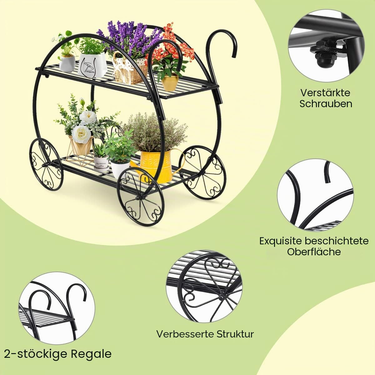 HOMASIS Metall-Pflanzenregal, Einzigartiger & filigraner Blumenständer für draußen, 2-stufiger schmiedeeiserner Pflanzenständer für Balkon, Wohnzimmer, 66 x 34 x 62,5 cm, Schwarz