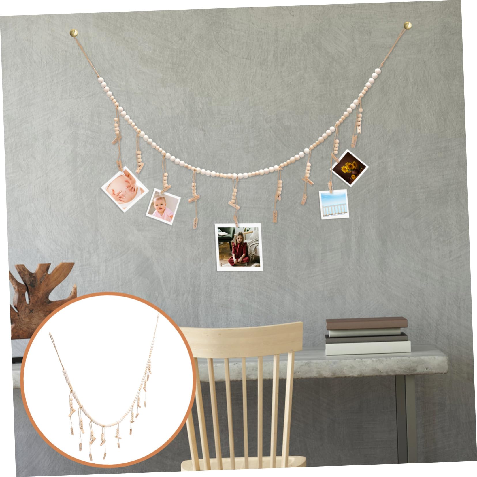 DECHOUS 5stücke Wall Hanging Wooden Bead Garland Mit Clips Für Dekorative Fotoaufhängung Für Kinderzimmer Und Lange Holzperlen-fotohalterung